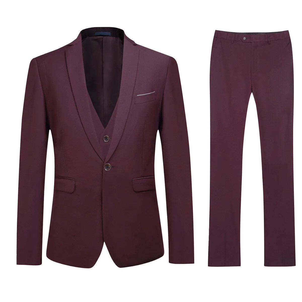 3-Piece One Button Formal Suit Dark Red Suit