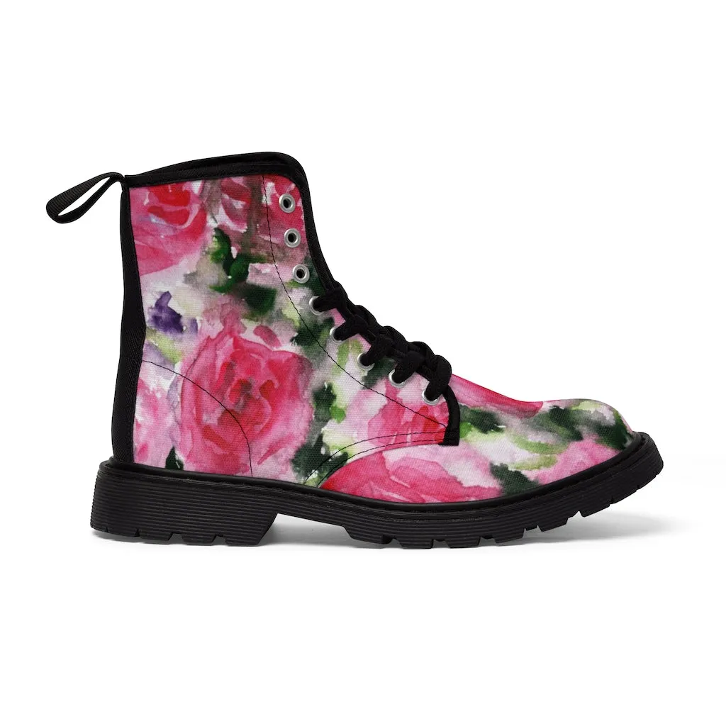 Abstract Pink Floral Women's Boots, Best Luxury Flower Rose Print Designer Hiking Boots For Women (US Size 6.5-11)