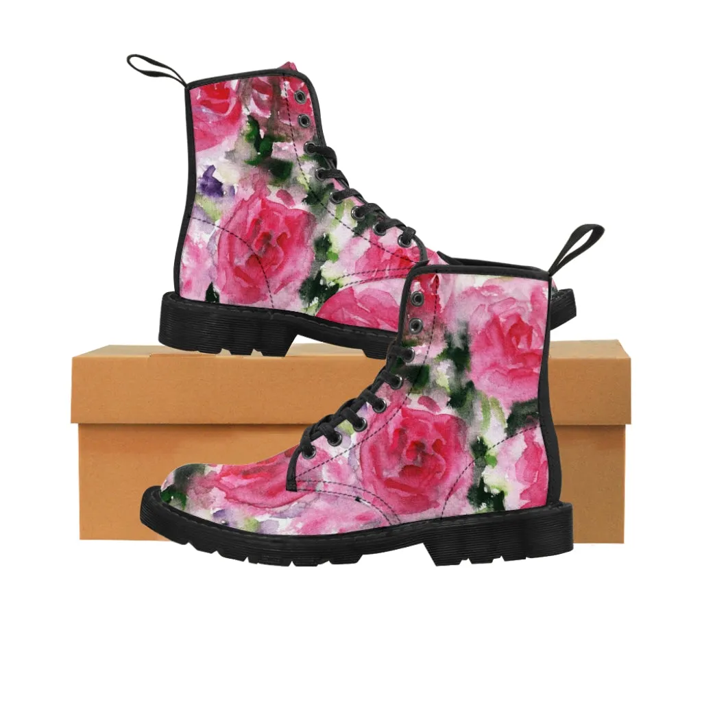 Abstract Pink Floral Women's Boots, Best Luxury Flower Rose Print Designer Hiking Boots For Women (US Size 6.5-11)