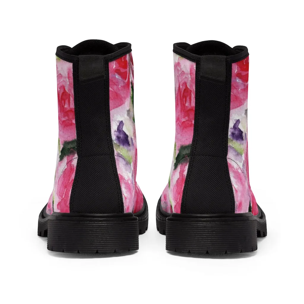 Abstract Pink Floral Women's Boots, Best Luxury Flower Rose Print Designer Hiking Boots For Women (US Size 6.5-11)