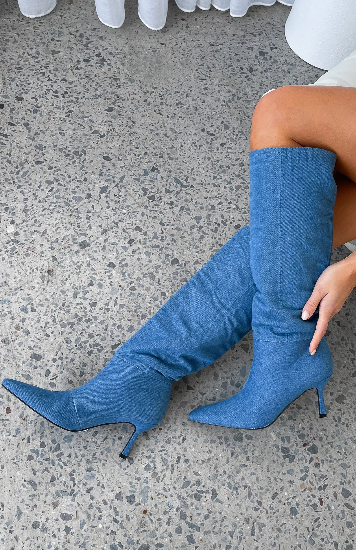 Baby Blue Denim Knee High Boots Denim