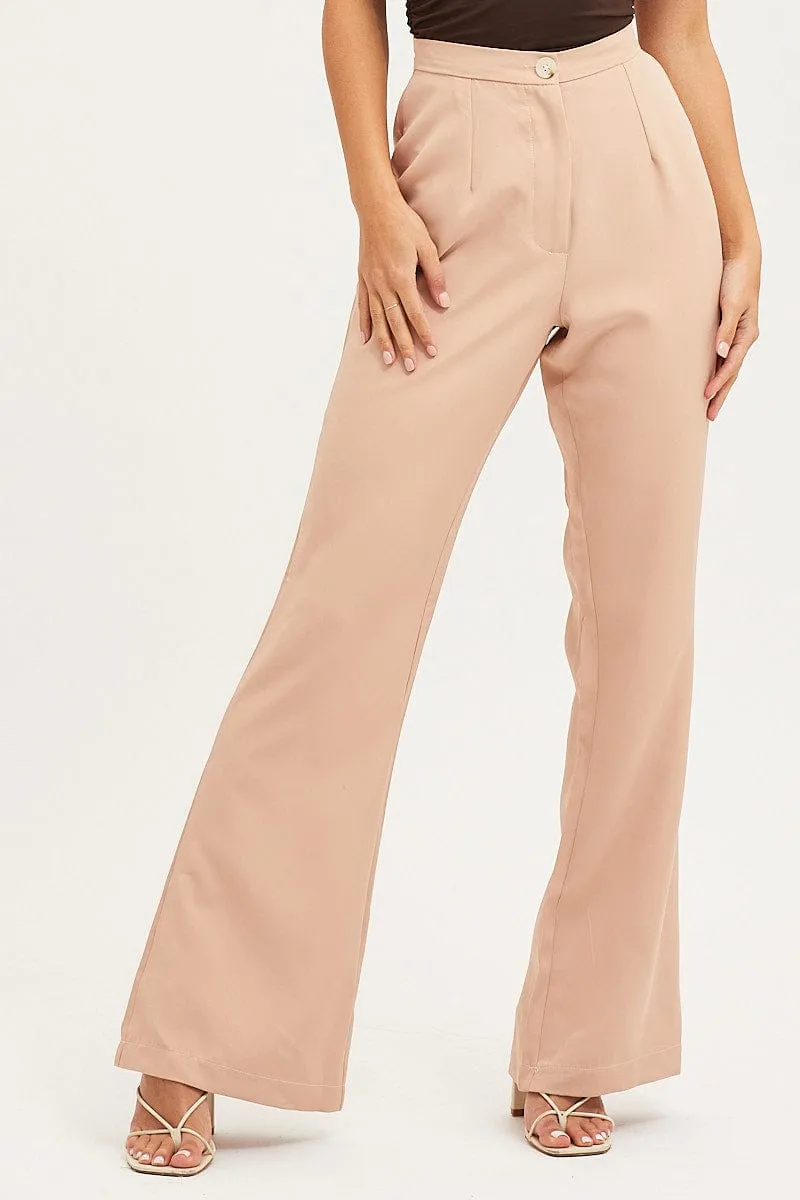 Beige Flare Pants High Rise