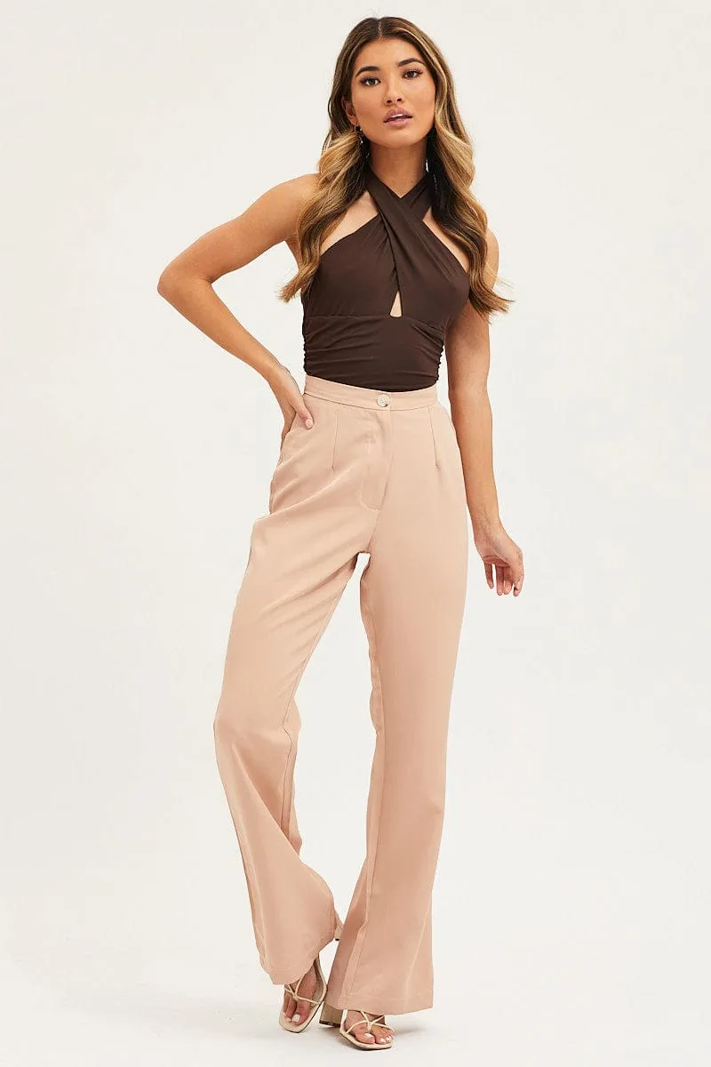 Beige Flare Pants High Rise