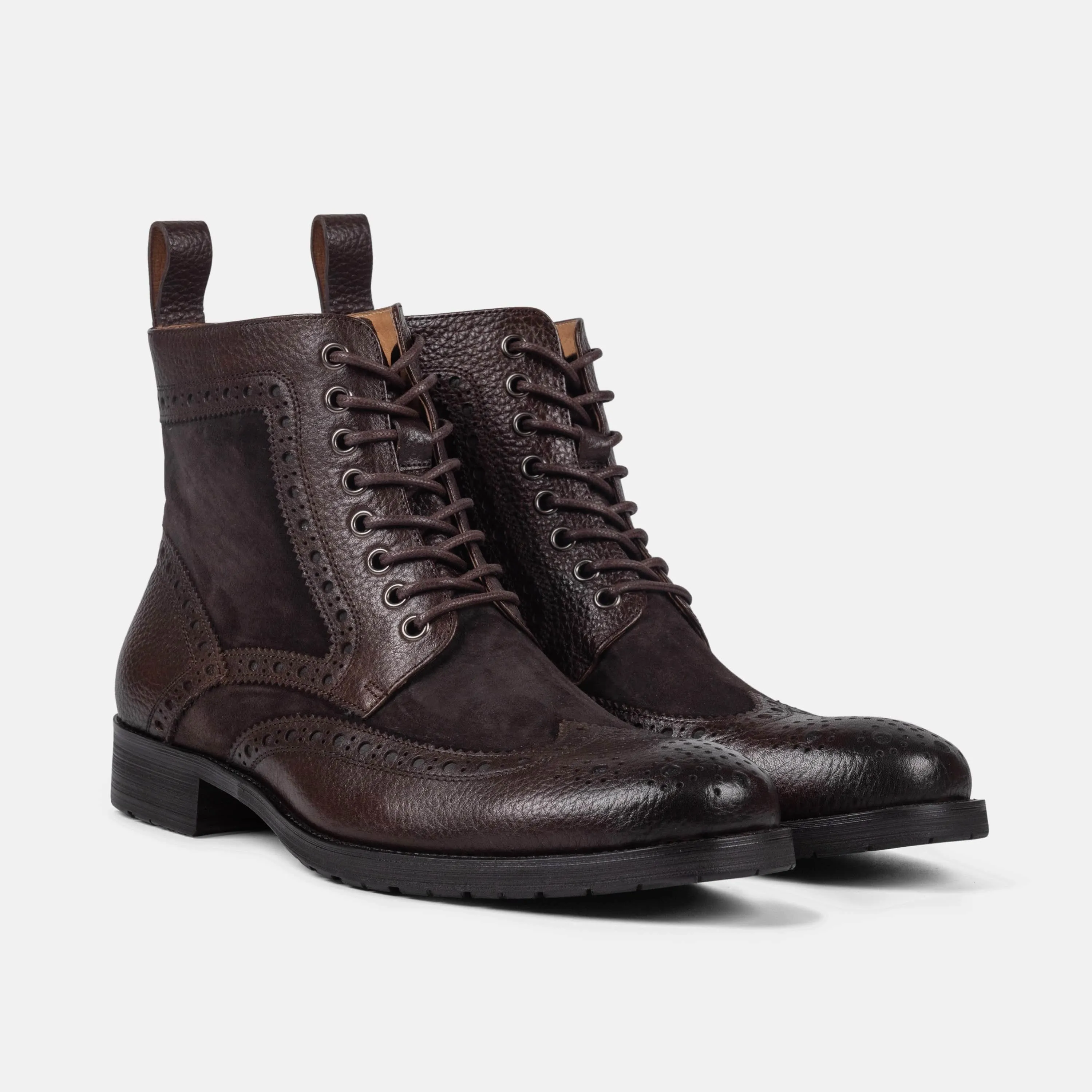 Belmont Dark Oak Leather Wingtip Combat Boots