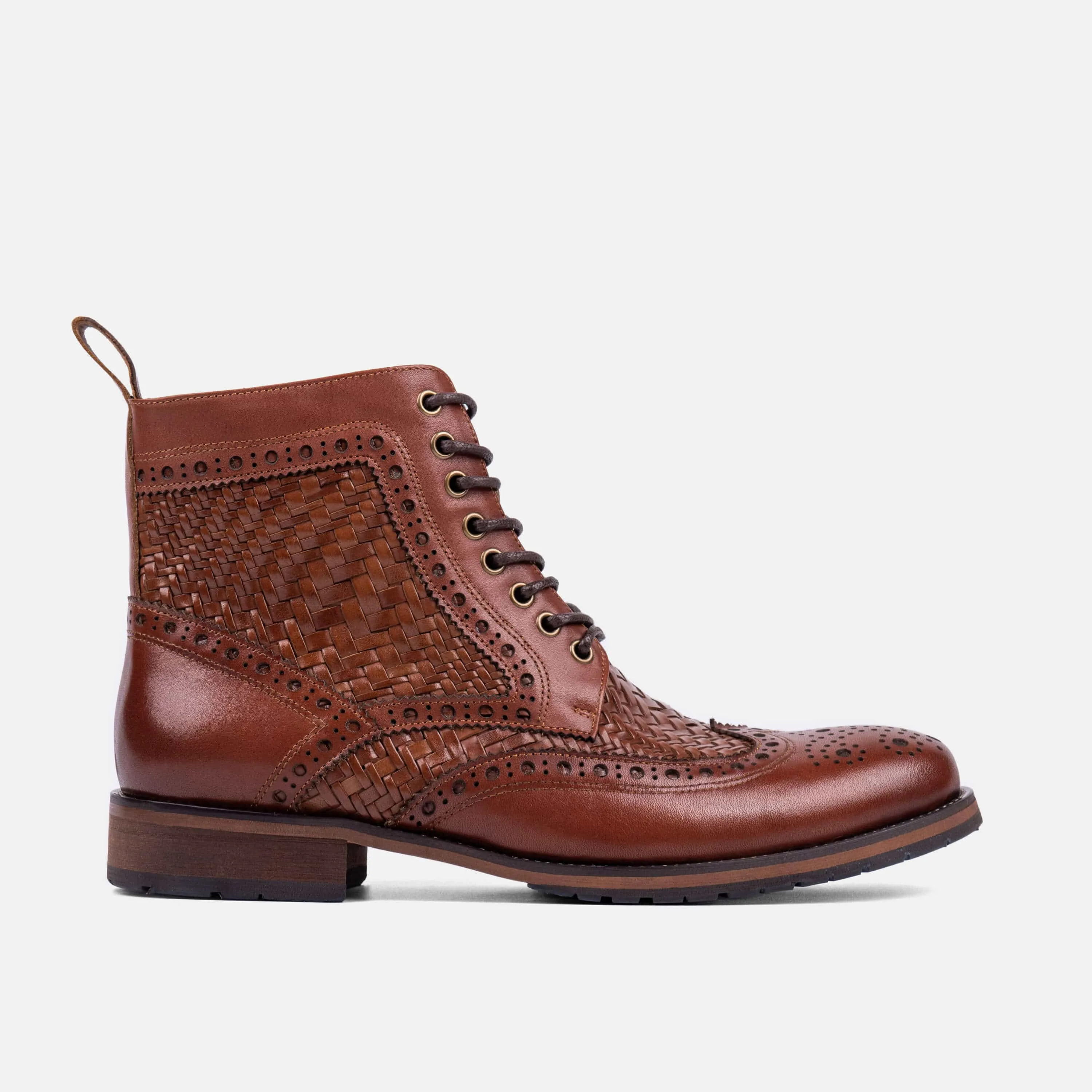 Belmont Woven Brandy Leather Wingtip Combat Boots