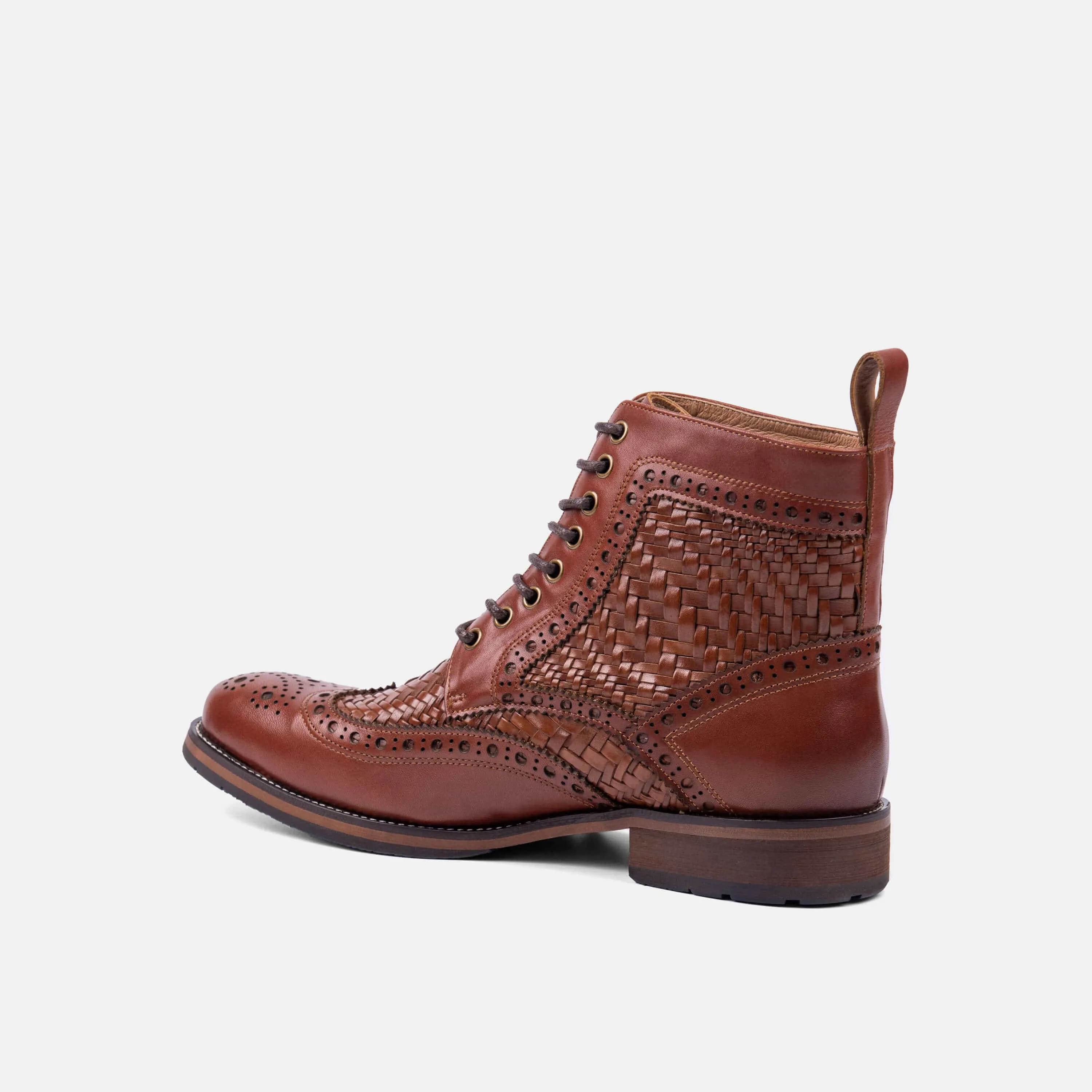 Belmont Woven Brandy Leather Wingtip Combat Boots