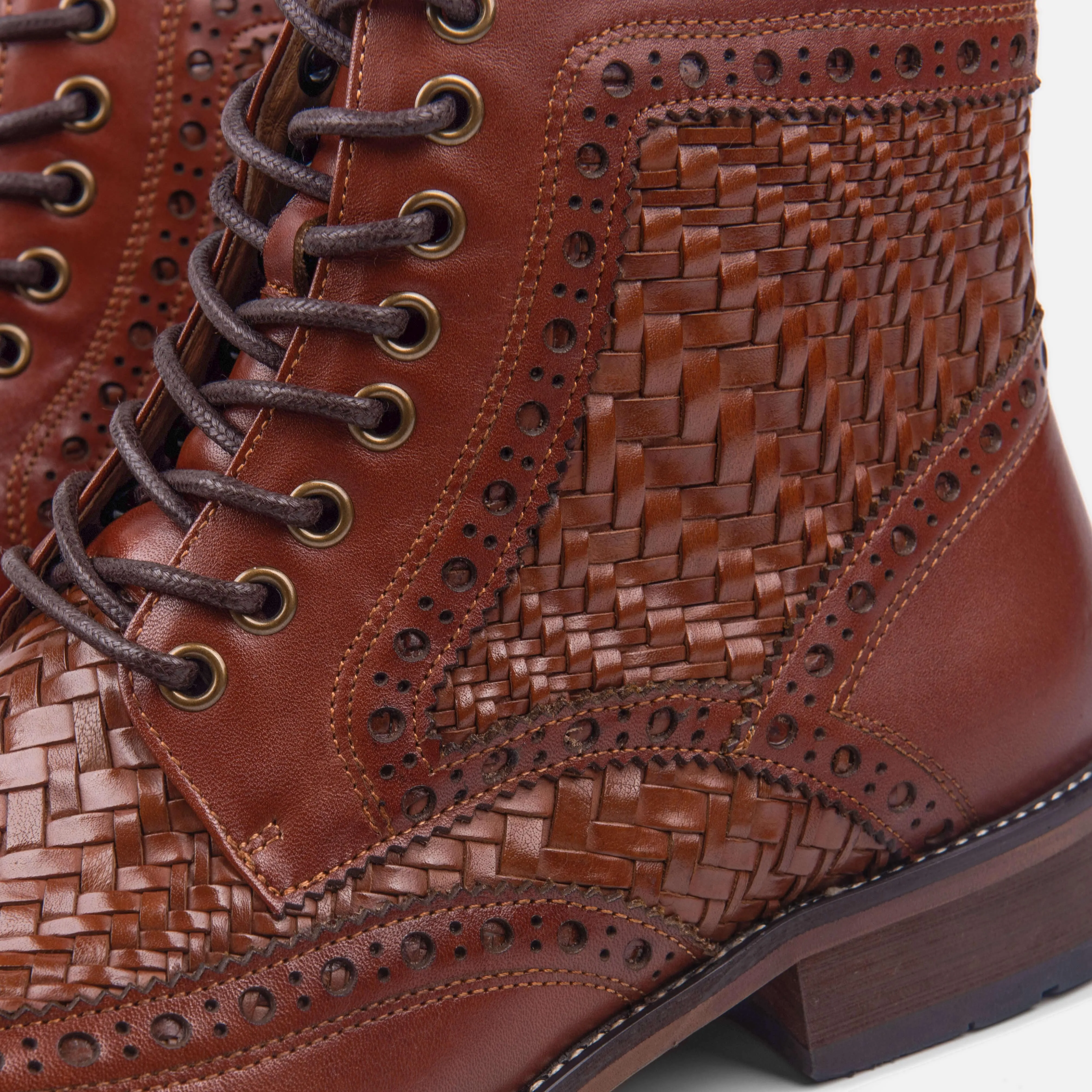 Belmont Woven Brandy Leather Wingtip Combat Boots