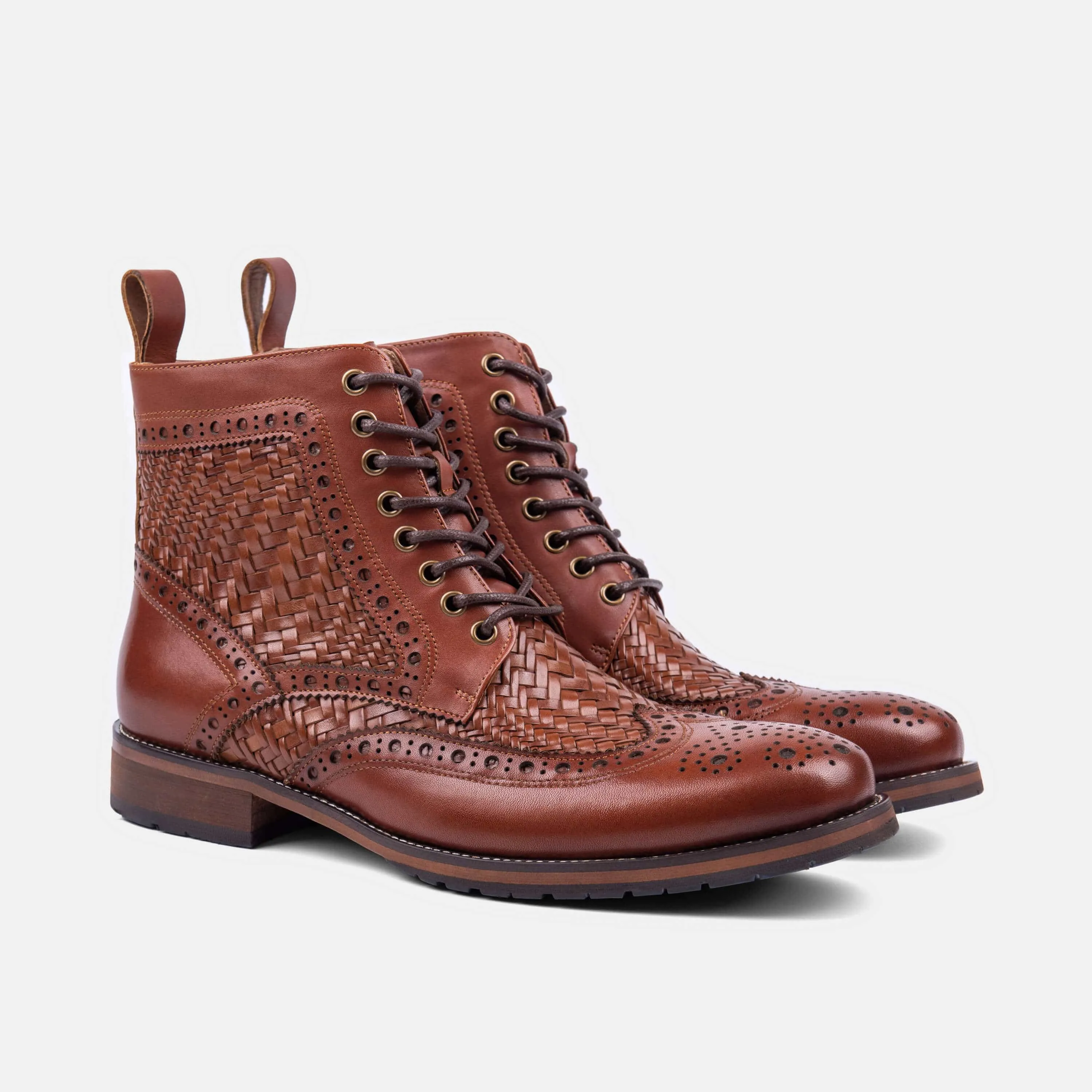 Belmont Woven Brandy Leather Wingtip Combat Boots