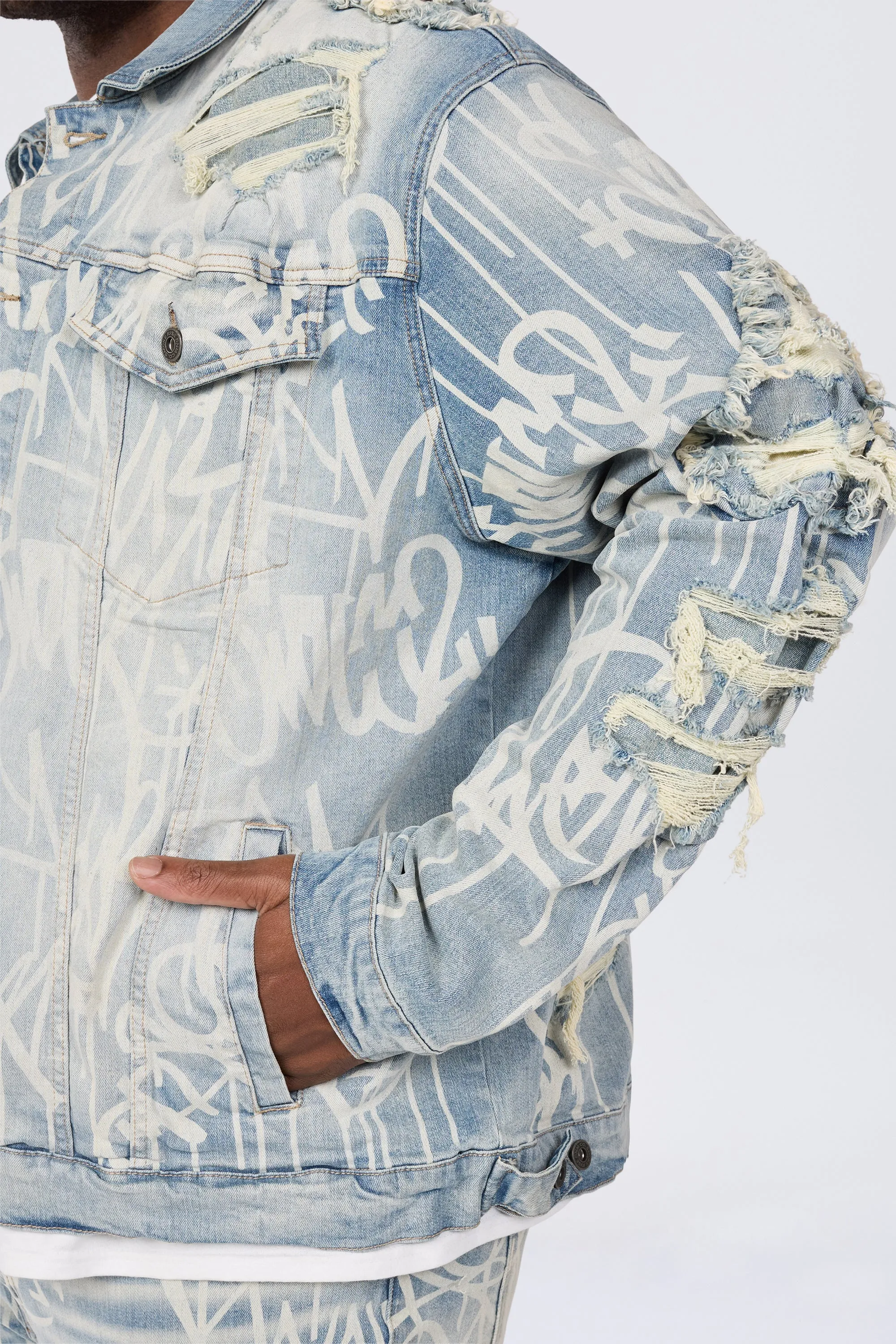 Big and Tall - Heavy Rip & Repair Doodle Jean Jacket - Nassau Blue