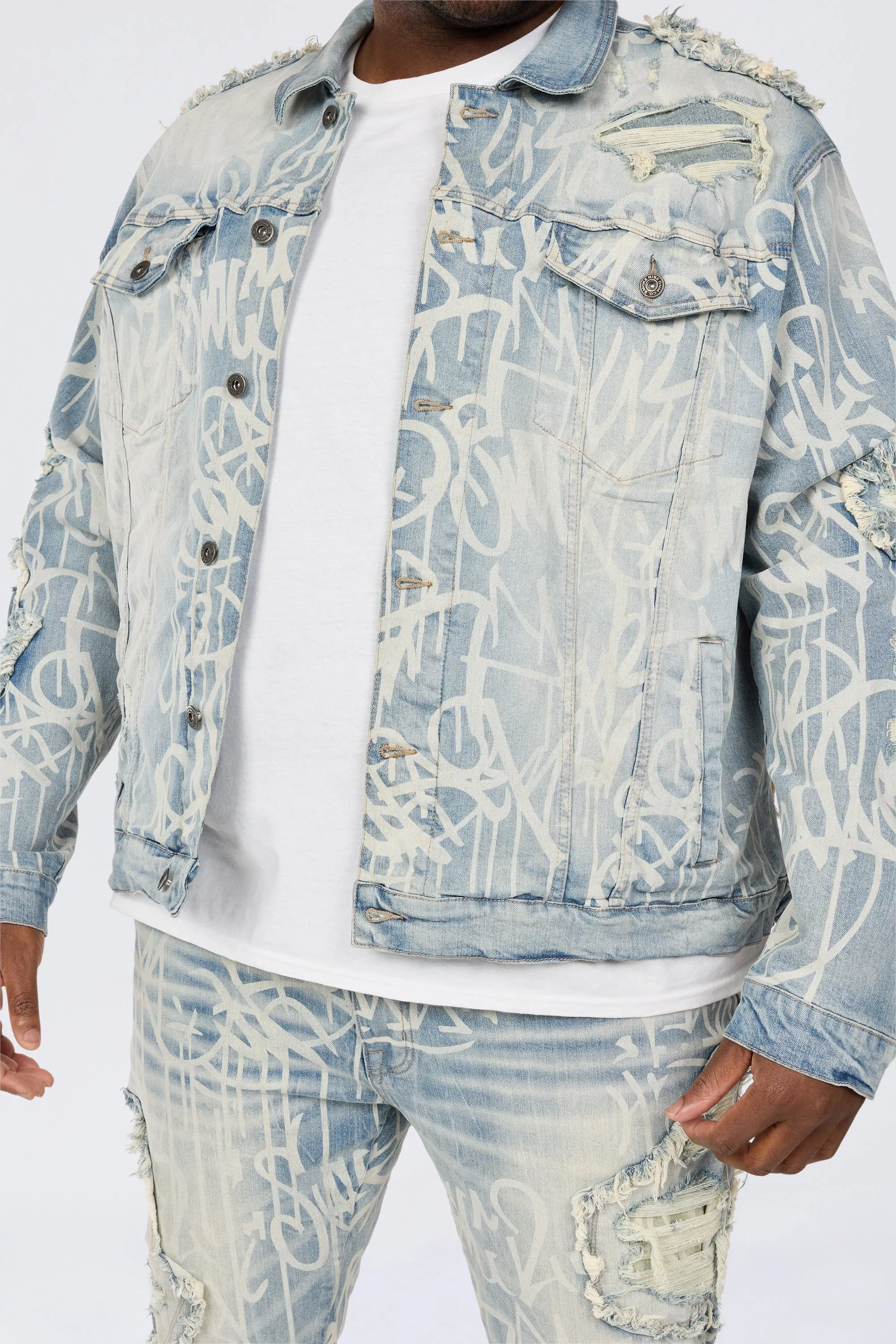 Big and Tall - Heavy Rip & Repair Doodle Jean Jacket - Nassau Blue