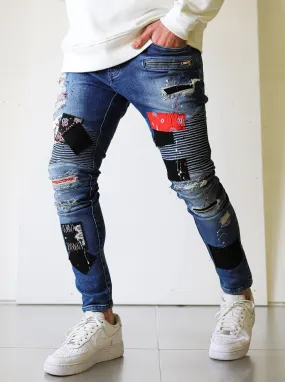 Biker Patched Ripped Blue Jeans