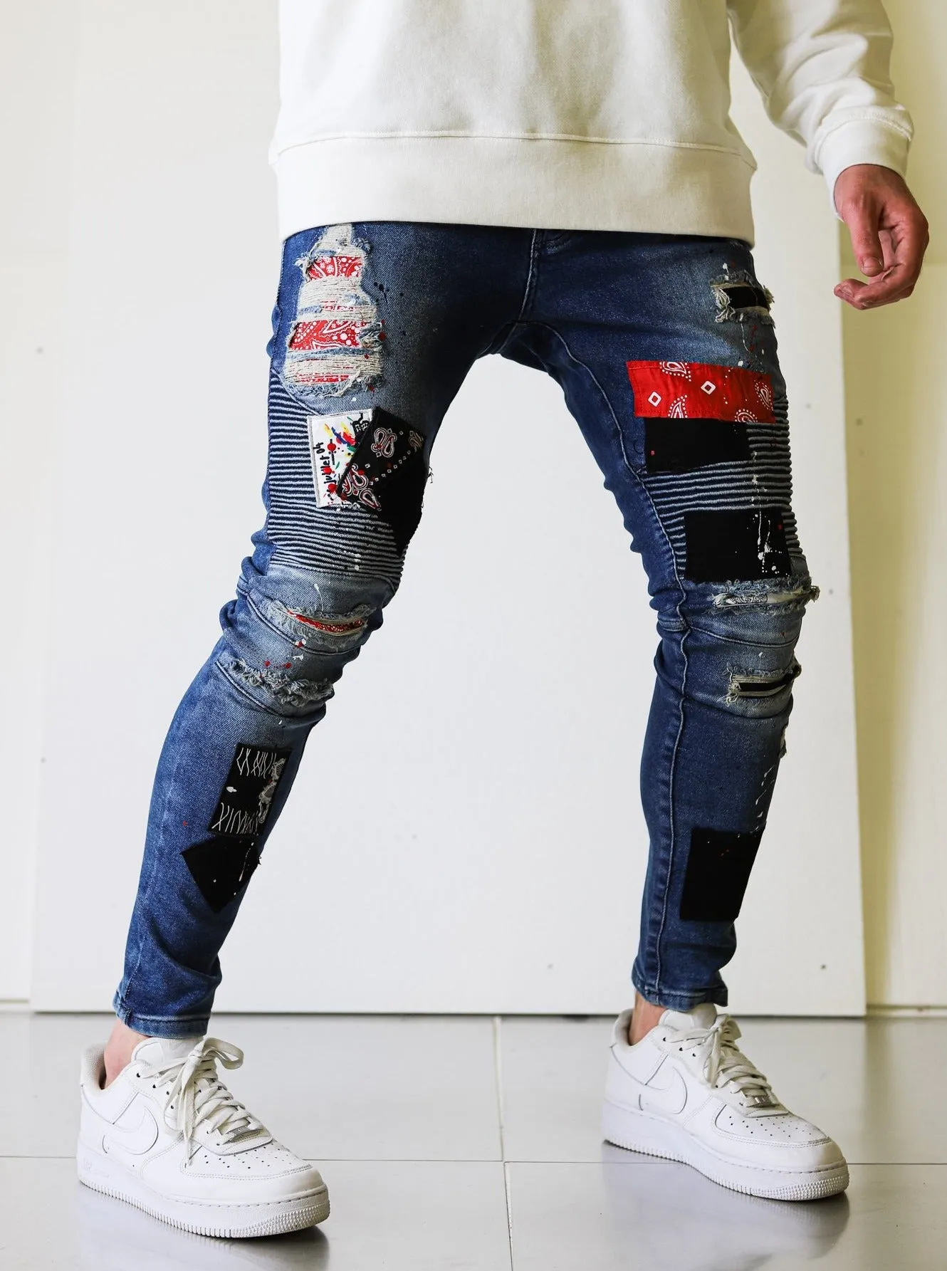 Biker Patched Ripped Blue Jeans