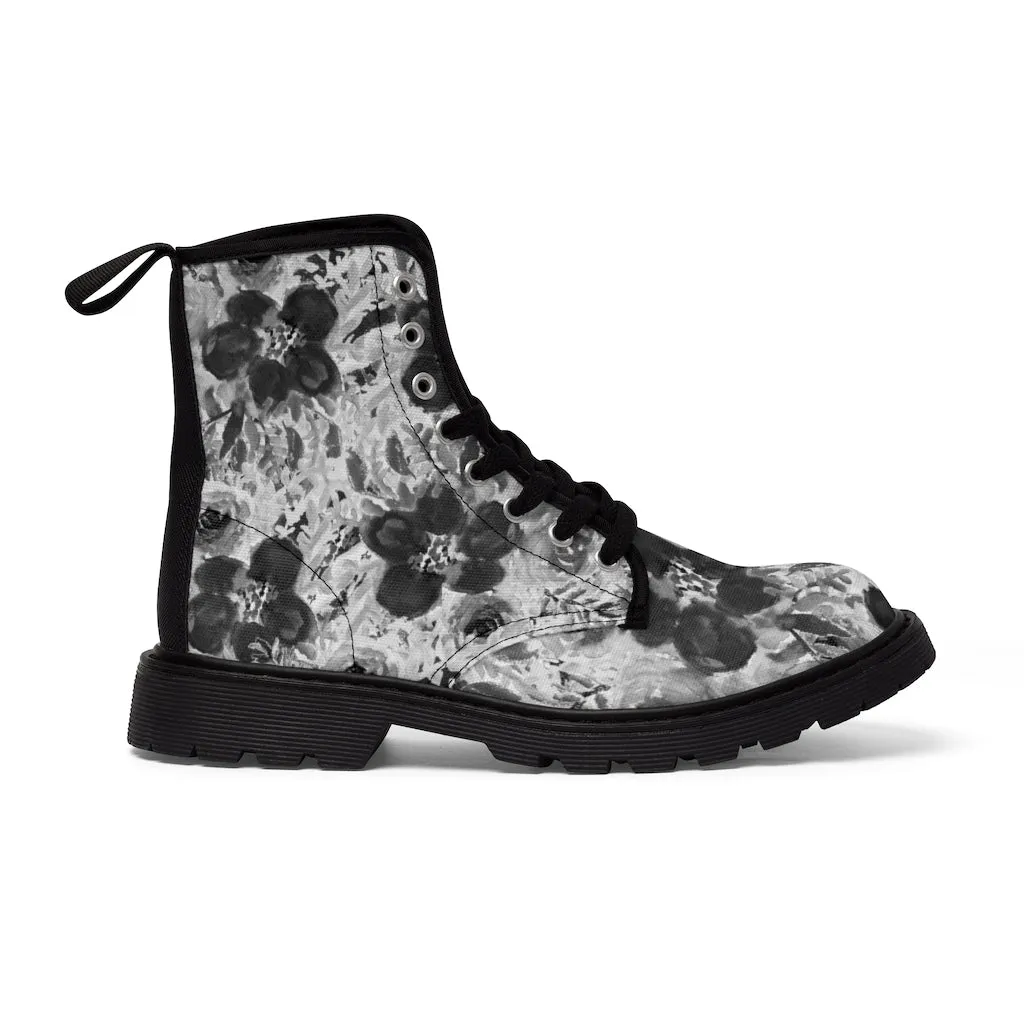 Black Floral Women's Canvas Boots, Flower Rose Print Ladies Fashion Lace-Up Hiking Boots (US Size 6.5-11)