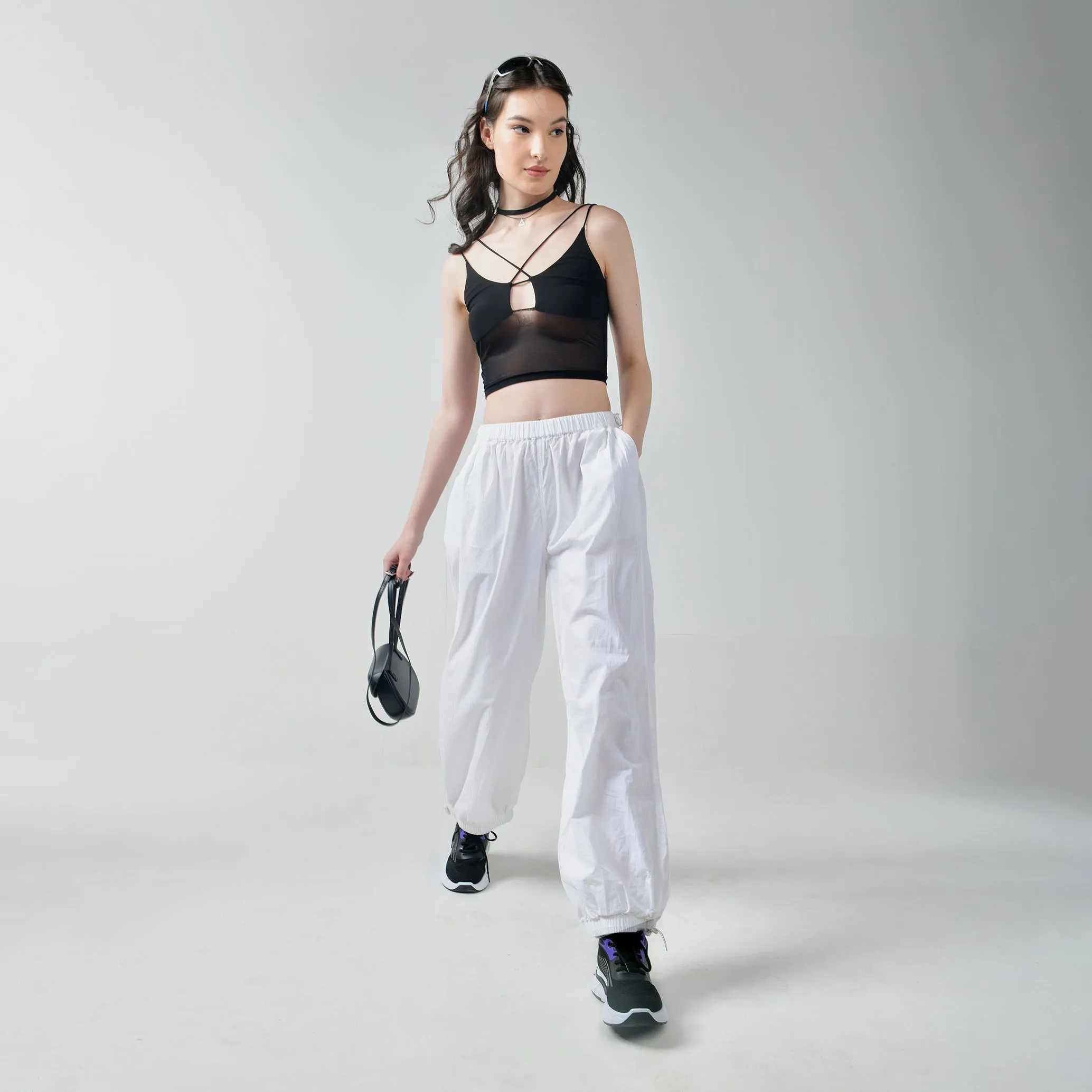 Black Mesh Top & White Parachute Pants