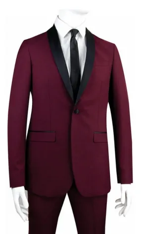 Burgundy Tuxedo Slim Fit with Narrow Black Shawl Lapel & Burgundy Pants