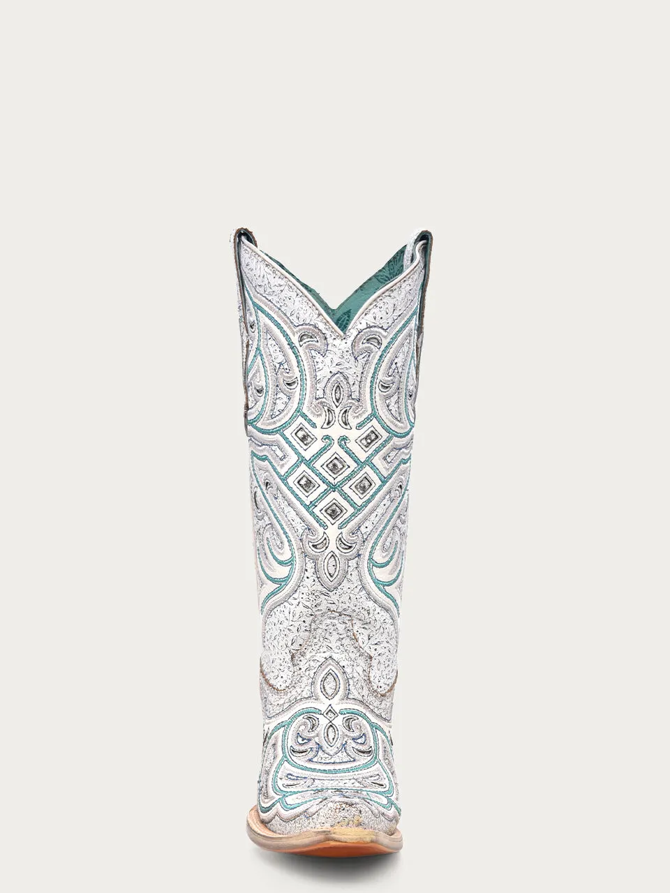 C4055 - WOMEN'S TURQUOISE EMBROIDERY OVERLAY WITH CRYSTAL NEON BLACK LIGHT SNIP TOE COWBOY BOOTS