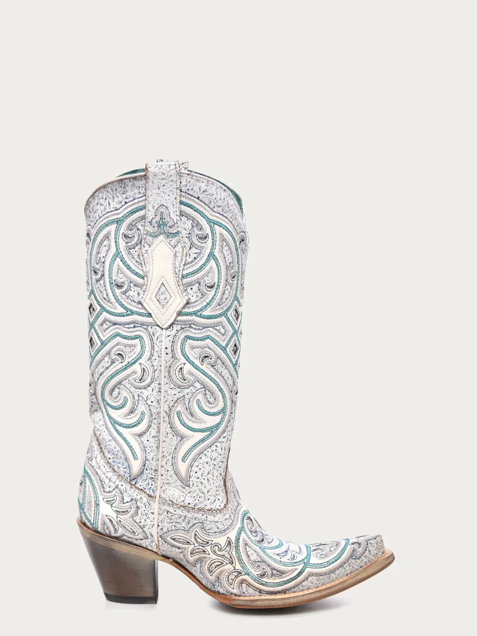 C4055 - WOMEN'S TURQUOISE EMBROIDERY OVERLAY WITH CRYSTAL NEON BLACK LIGHT SNIP TOE COWBOY BOOTS