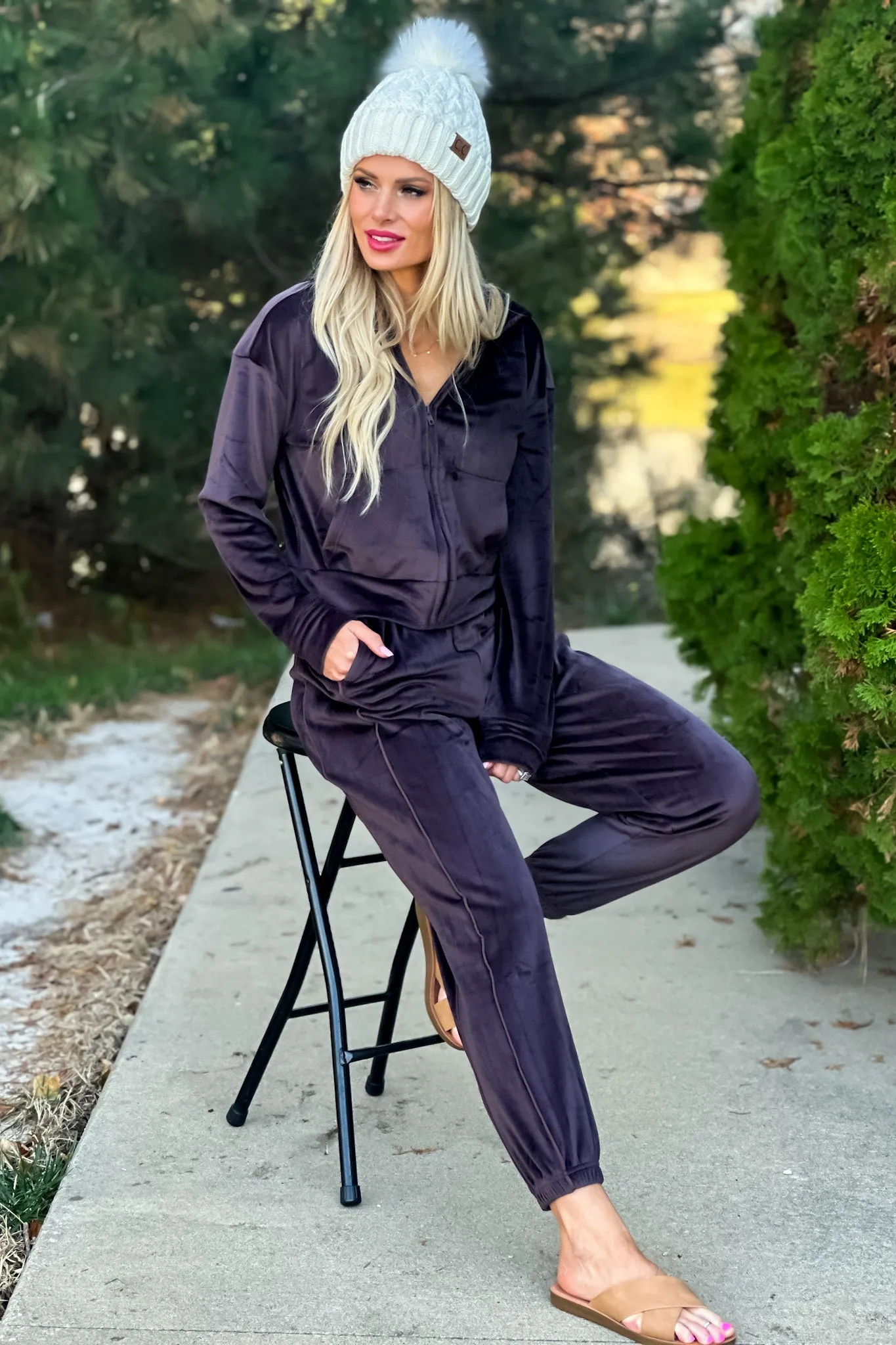 Charlette Velour Full Zip Hoodie & Jogger 2PC Set : Expresso