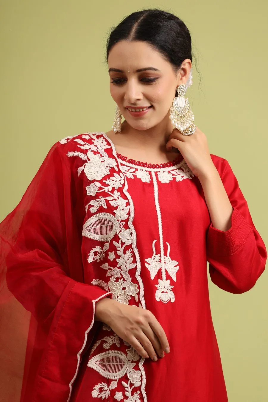 Cherry Red Embroidered Kurta set with Harem Pants