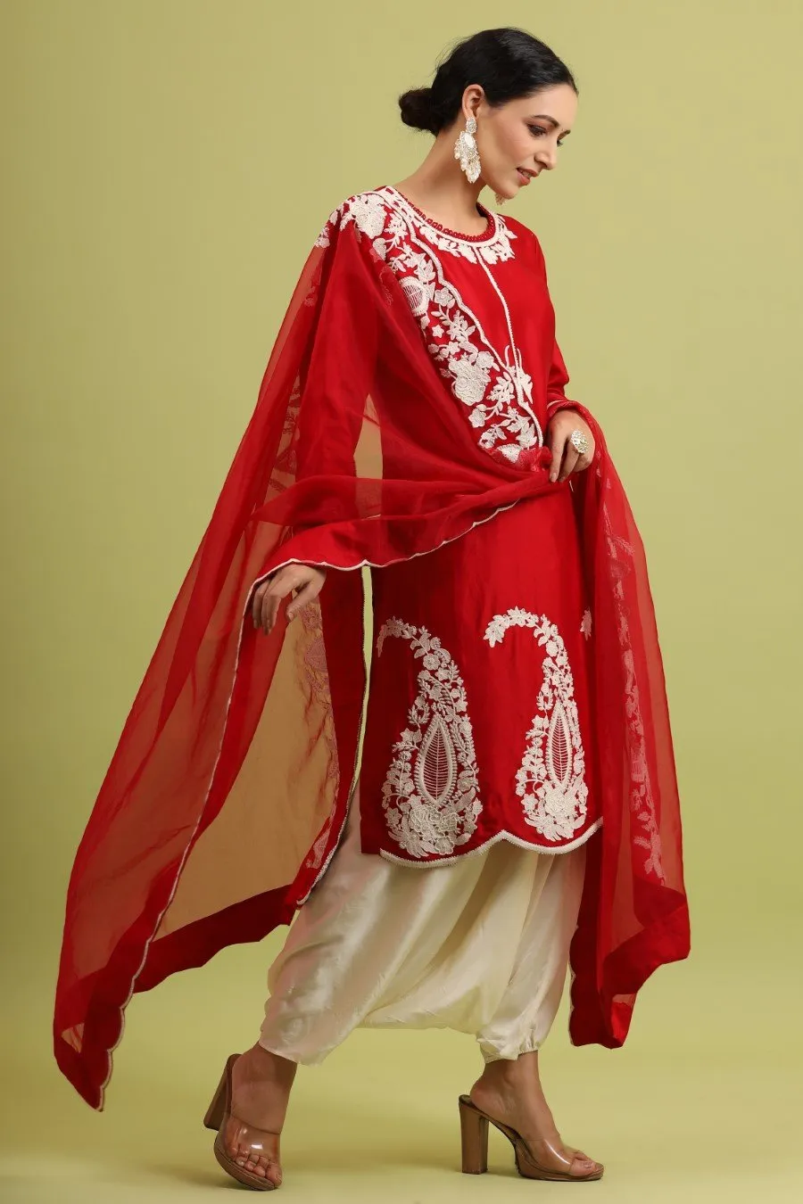 Cherry Red Embroidered Kurta set with Harem Pants