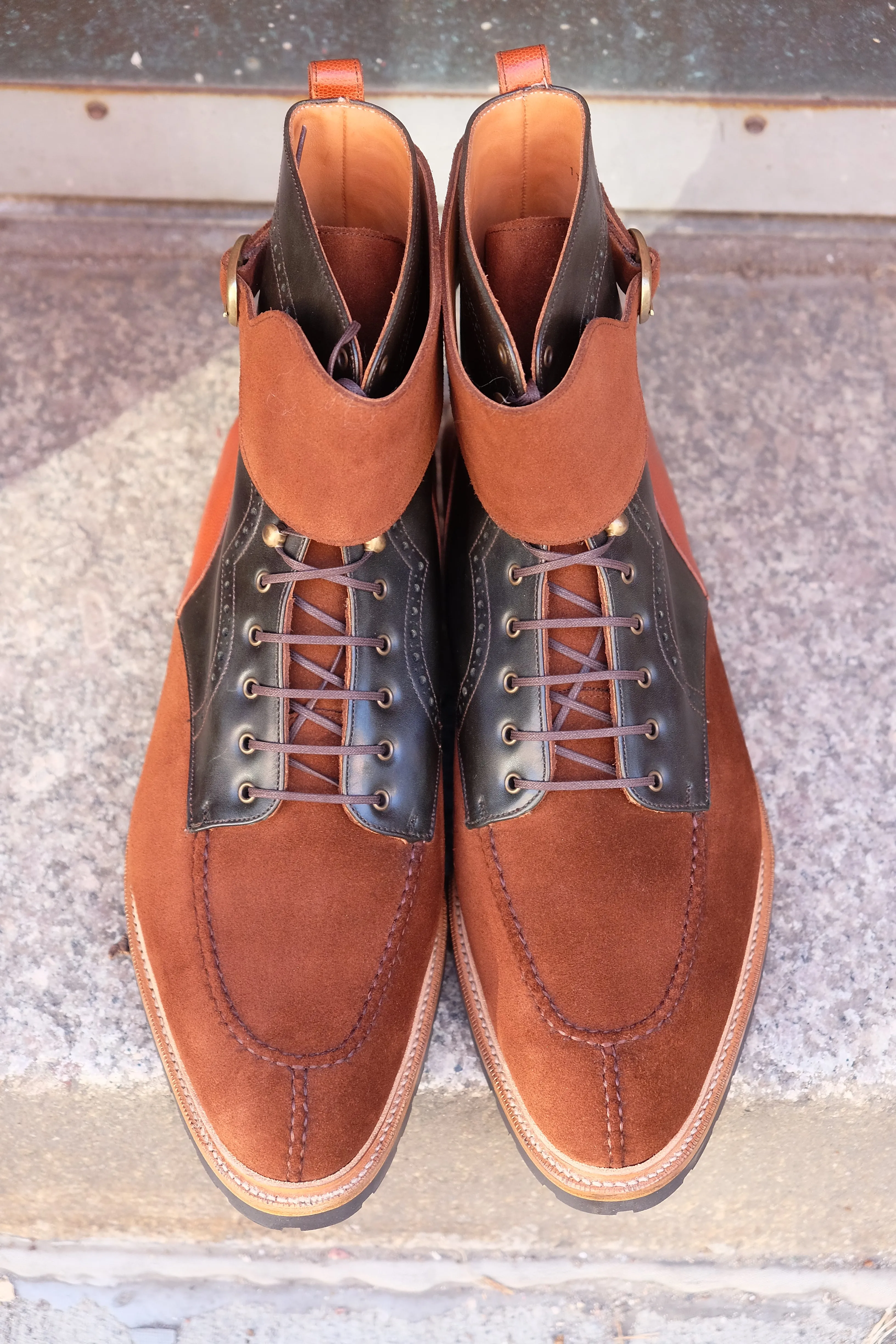 Colville - MTO - Polo Suede / Dark Green Museum Calf / Cognac Pin Grain - TMG Last - Double Commando Sole With Stormwelt