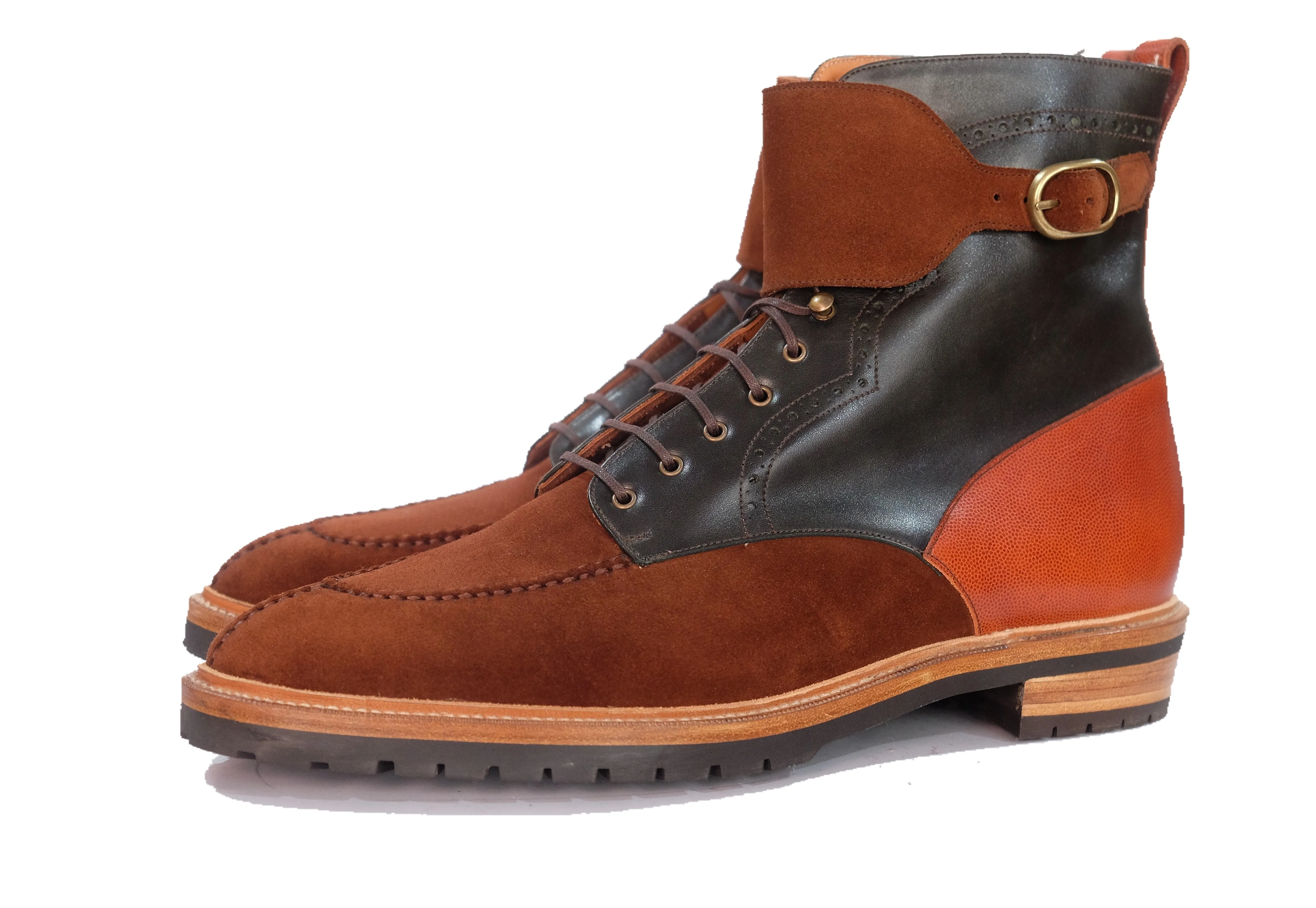 Colville - MTO - Polo Suede / Dark Green Museum Calf / Cognac Pin Grain - TMG Last - Double Commando Sole With Stormwelt