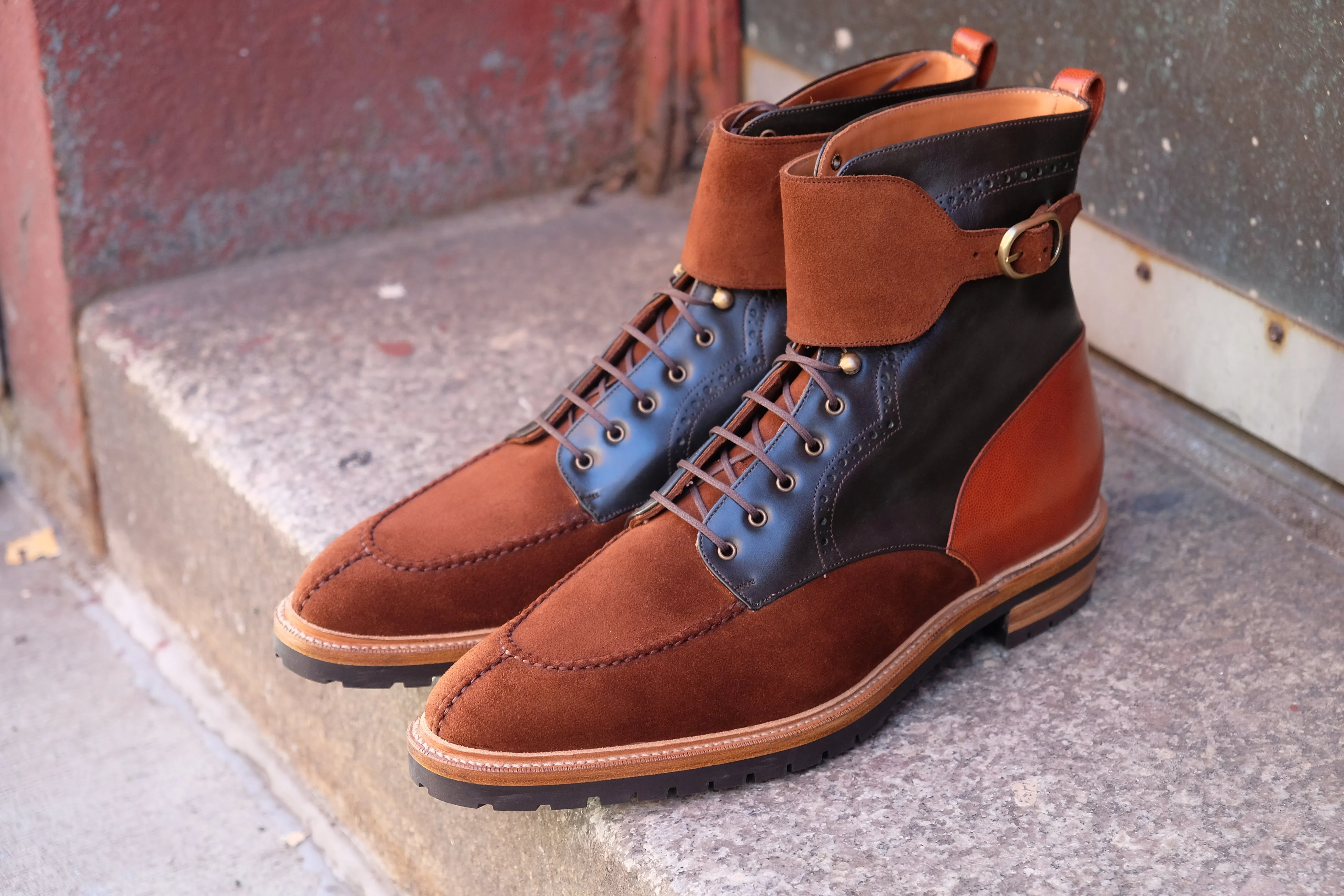 Colville - MTO - Polo Suede / Dark Green Museum Calf / Cognac Pin Grain - TMG Last - Double Commando Sole With Stormwelt