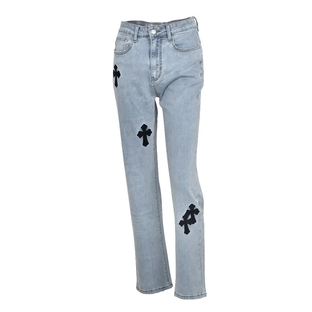 Cross Printed Low Waist Baggy Jeans