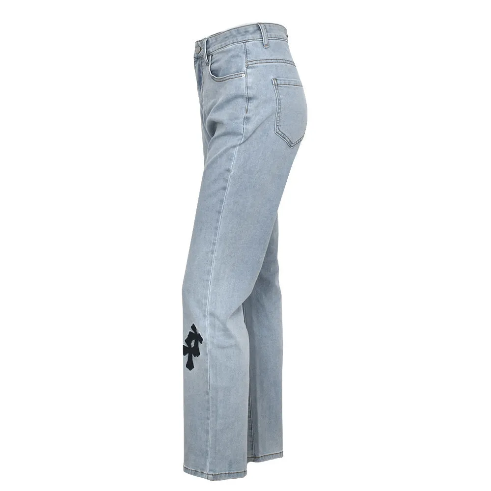 Cross Printed Low Waist Baggy Jeans