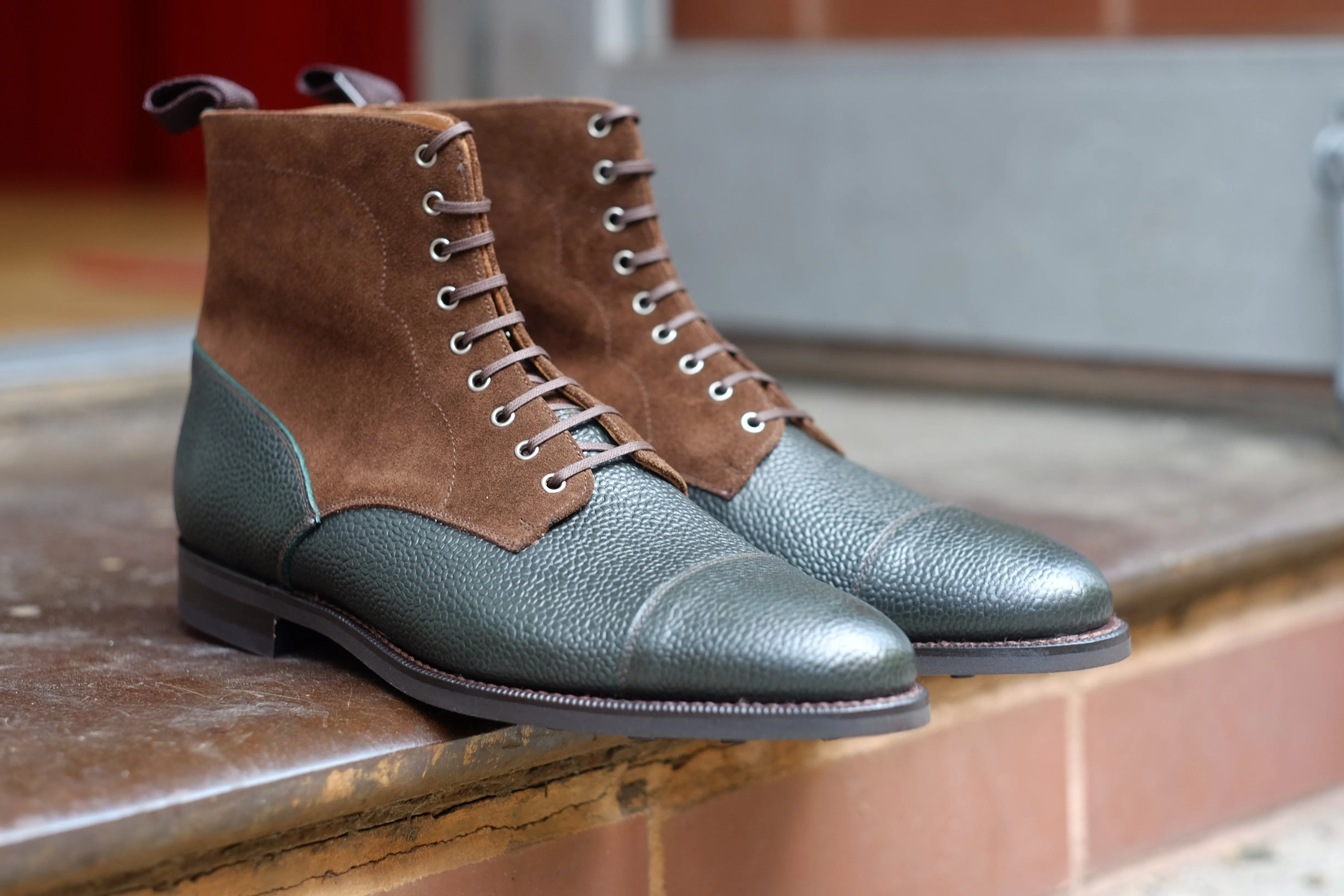 Delridge - MTO - Dark Green Grain / Dark Brown Suede - Aged Silver Eyelets (No Speedhooks)- TMG Last - Rugged Rubber Sole