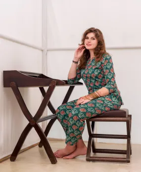 Green and Red Block Printed Cotton Night Suit