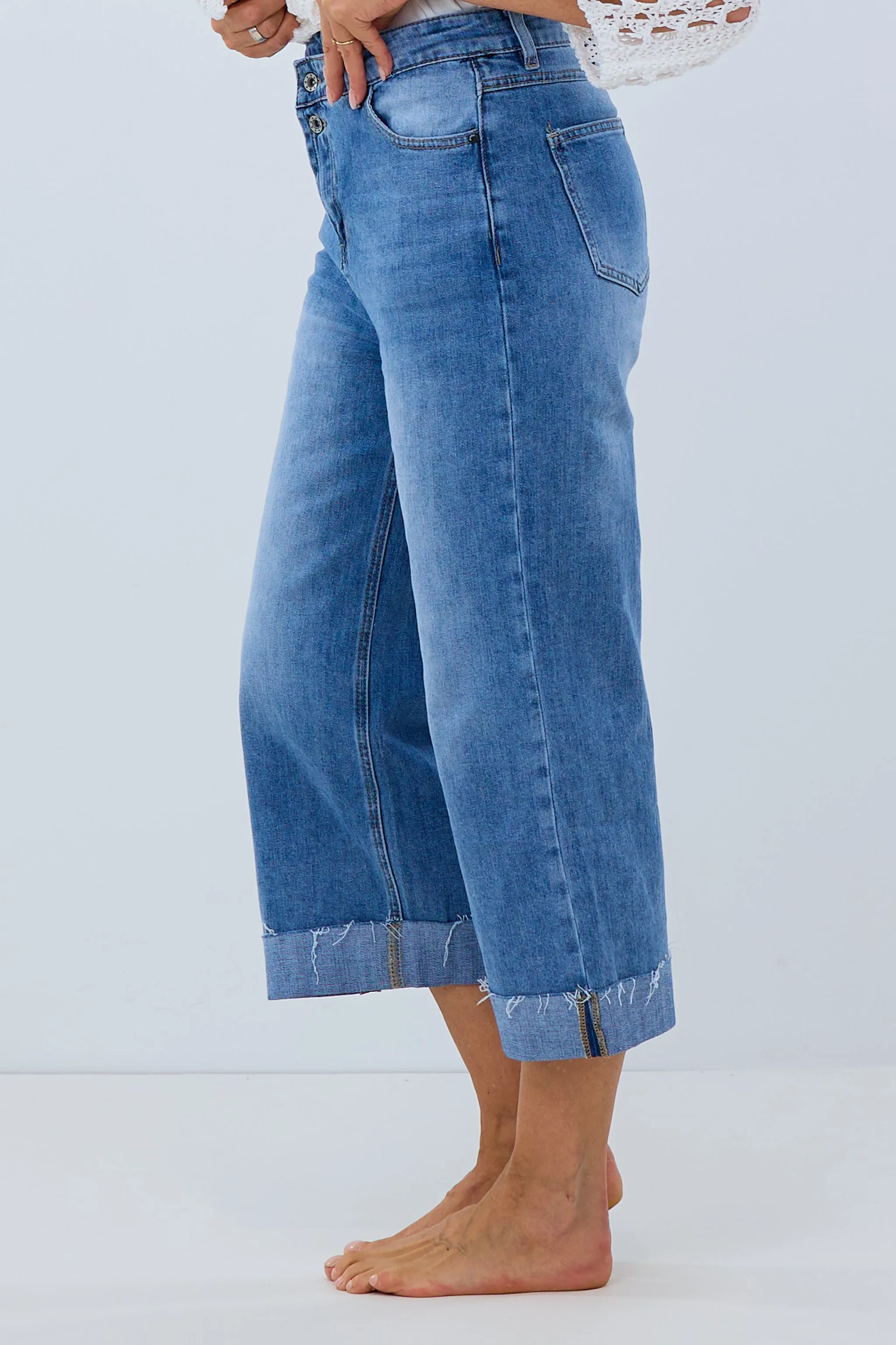 High Waist Jeans Culotte, denim-blue