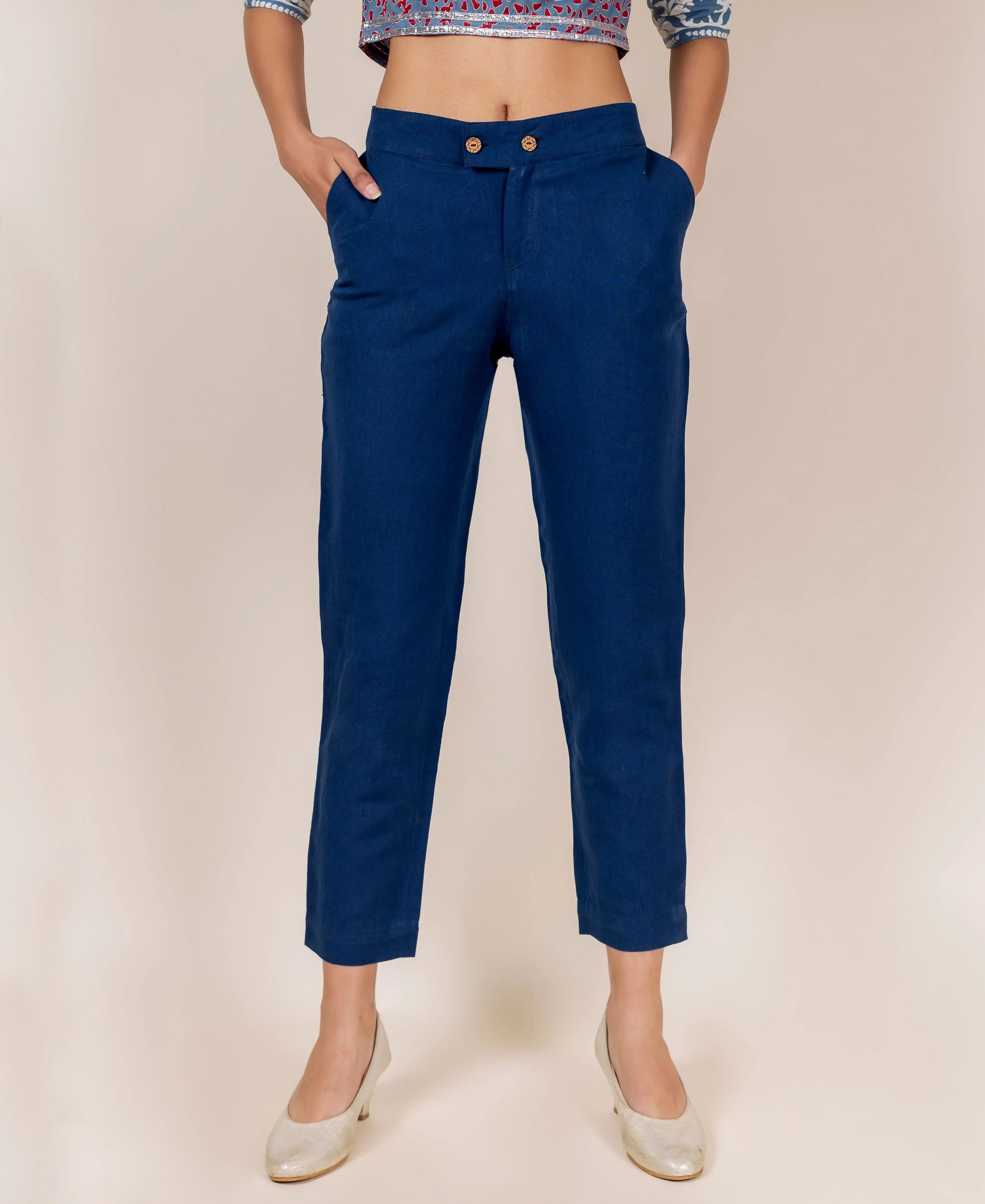 Indigo Linen Solid Narrow Bottom Pants