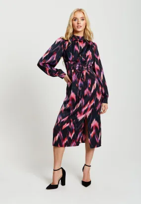 Liquorish Abstract Feather Print Midi Lace Up Dress