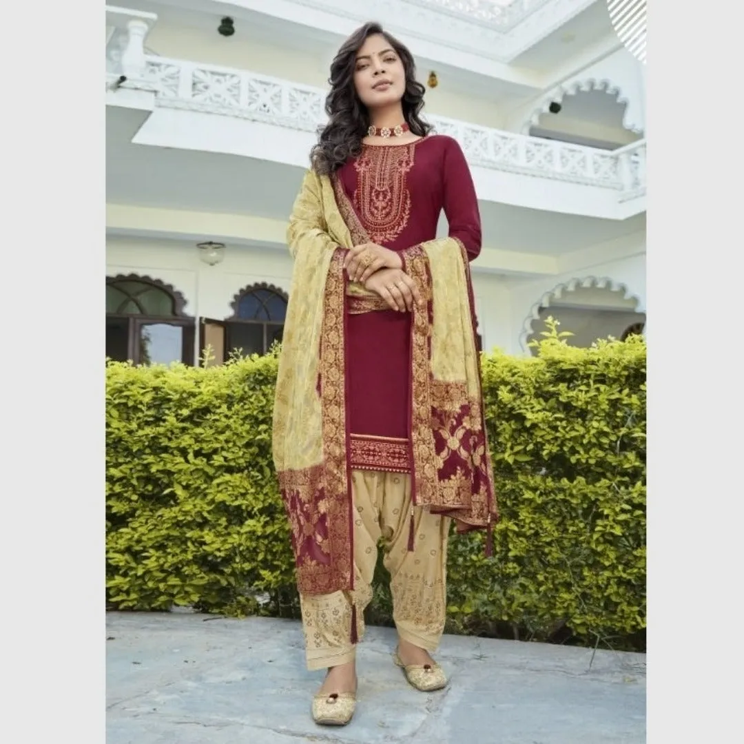 Maroon Cotton Silk Patiala Suit with Benarasi Dupatta