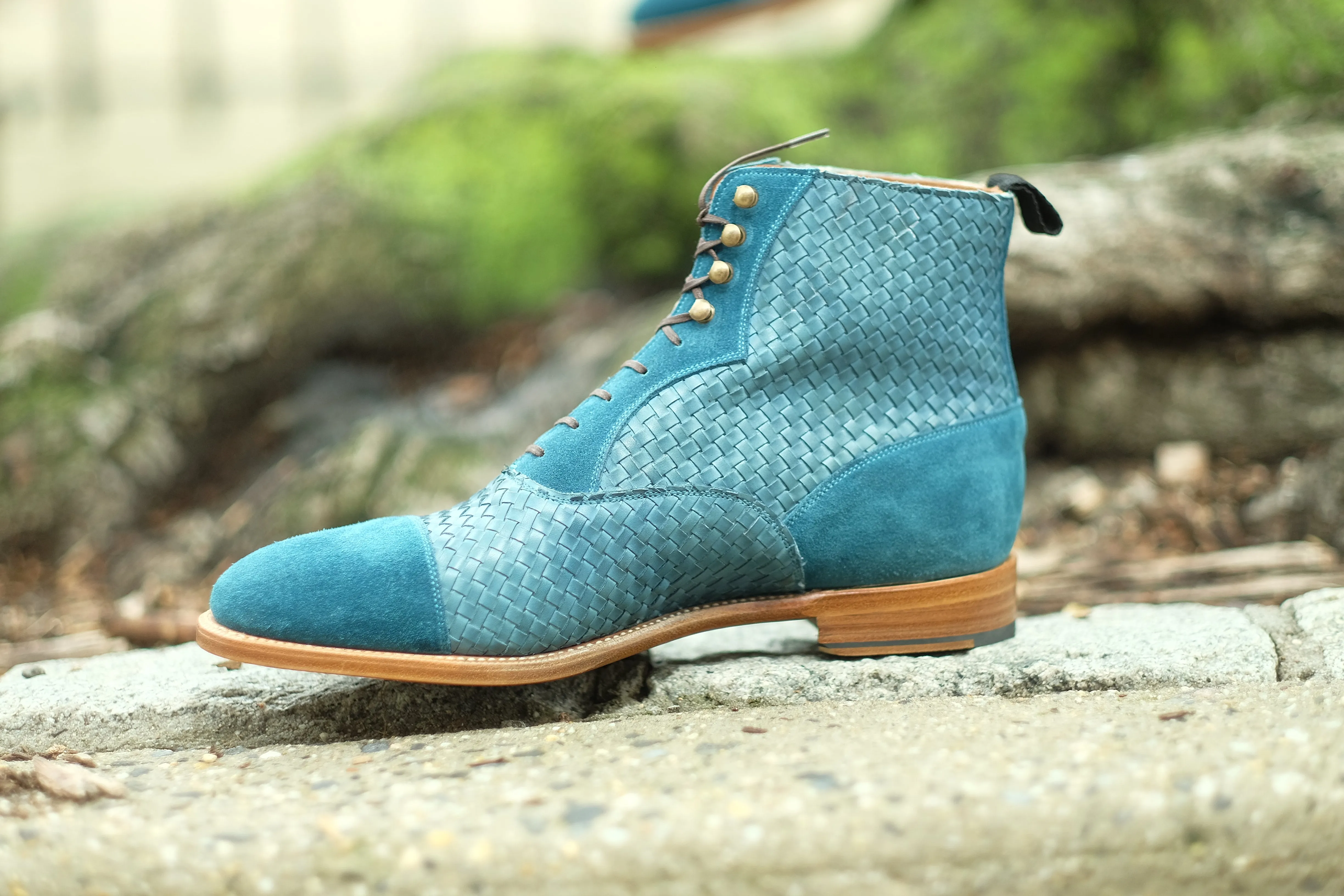 Meadowbrook - MTO - Teal Suede / Braided Teal Suede - TMG Last - Brass Hardware - Single Leather Sole