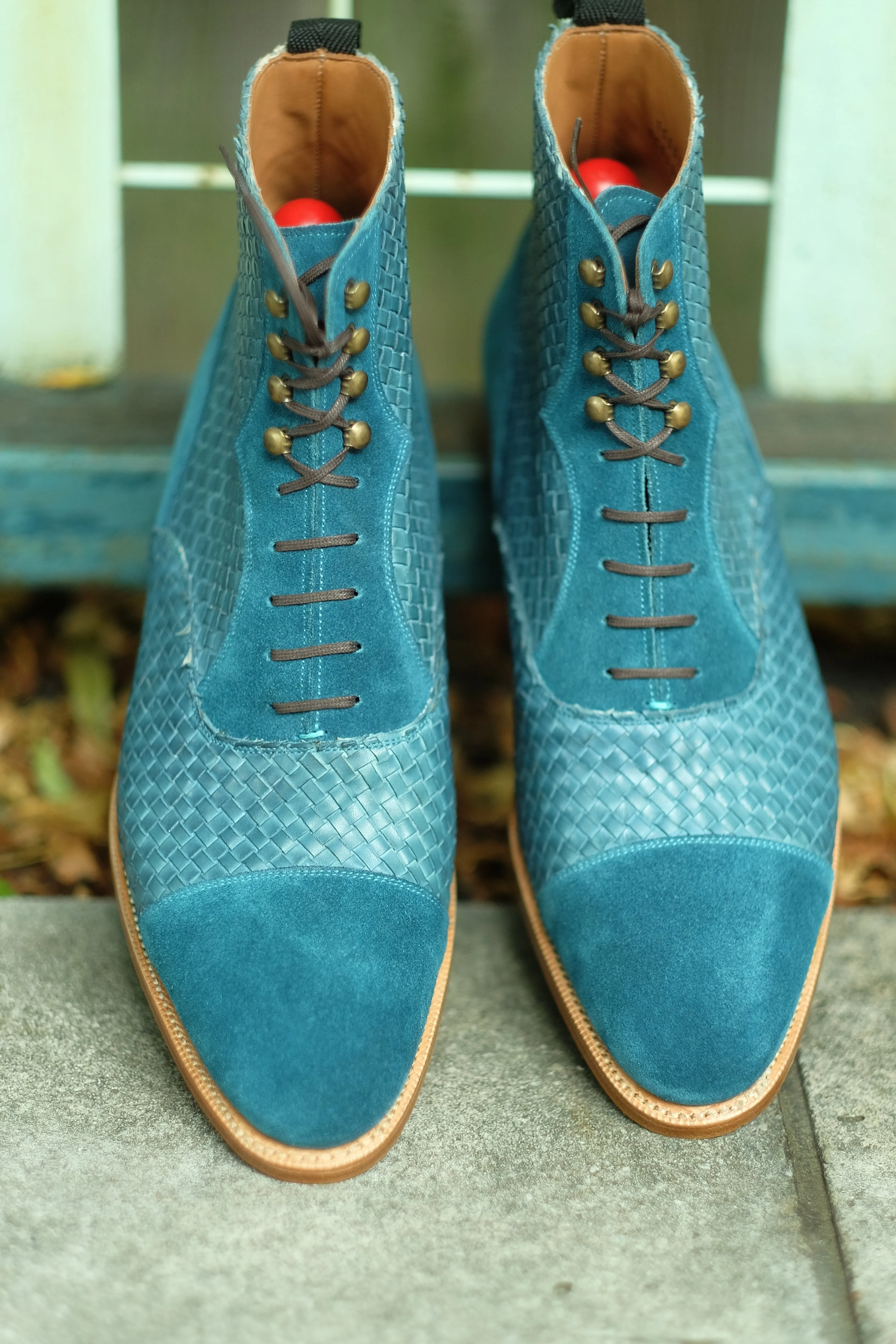 Meadowbrook - MTO - Teal Suede / Braided Teal Suede - TMG Last - Brass Hardware - Single Leather Sole