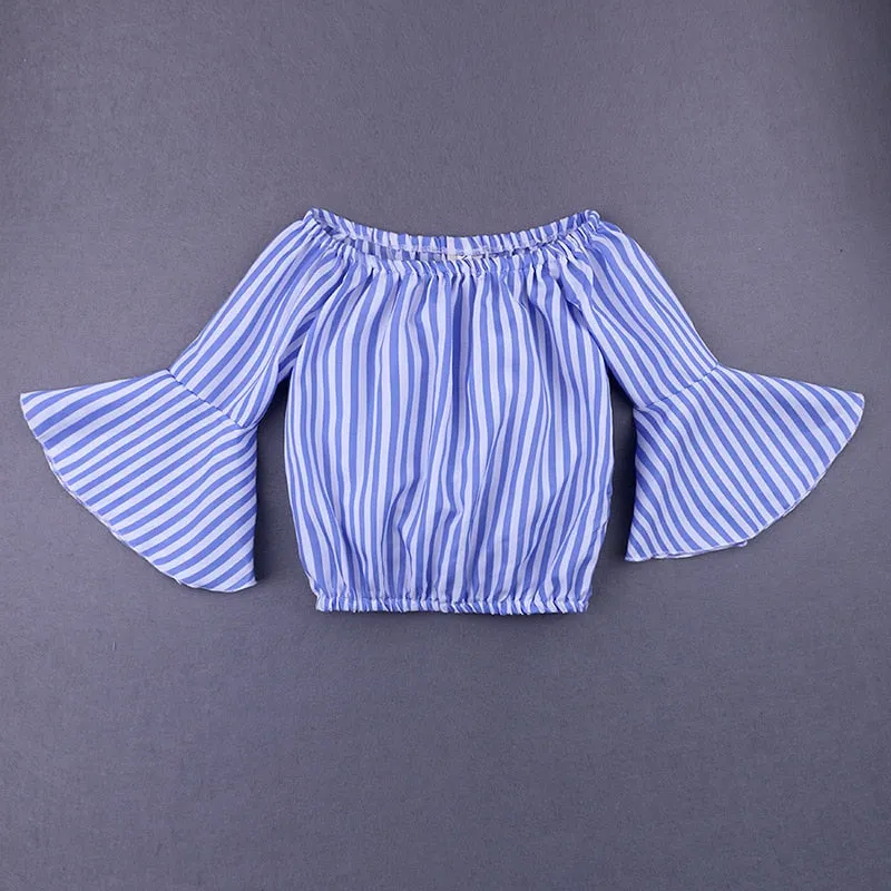 Off Shoulder Blue Striped Tops Denim