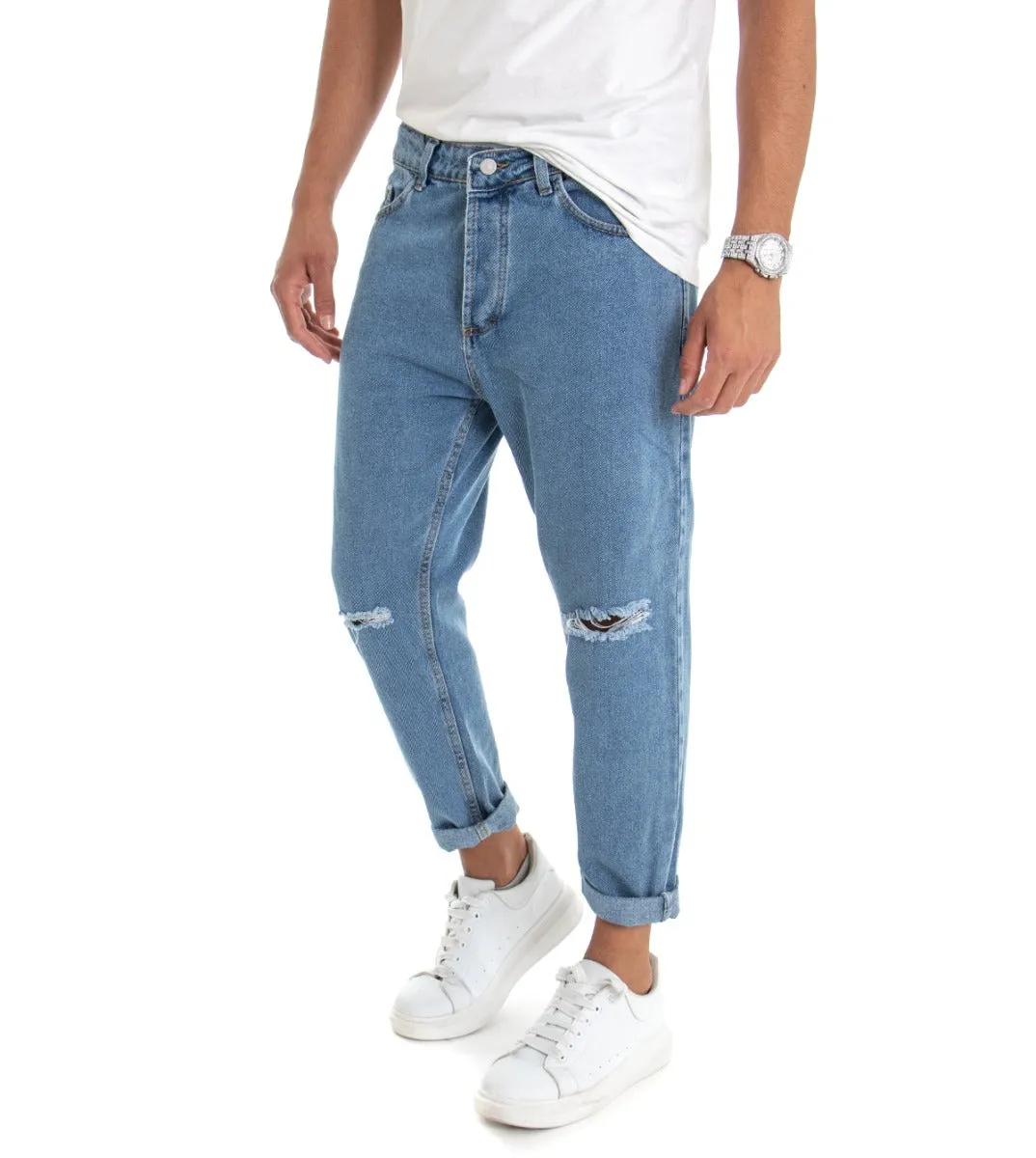 Pantaloni Jeans Uomo Loose Fit Denim Taglio Al Ginocchio Cinque Tasche Casual GIOSAL-P3018A