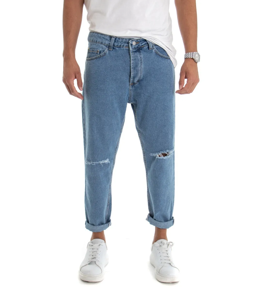 Pantaloni Jeans Uomo Loose Fit Denim Taglio Al Ginocchio Cinque Tasche Casual GIOSAL-P3018A