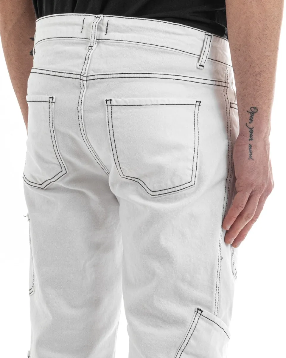 Pantaloni Uomo Lungo Cargo Jeans Bianco Tasche Straight Fit GIOSAL-P5661A