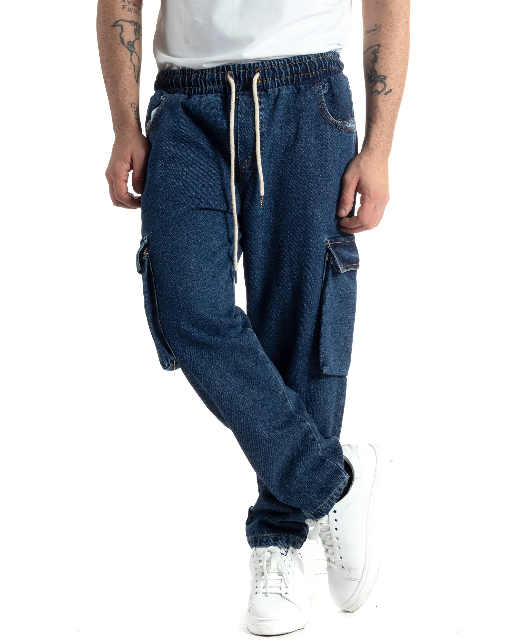 Pantaloni Uomo Pantalaccio Con Tasconi Jeans Cargo Coulisse Denim Scuro Loose Fit GIOSAL-JS1003A