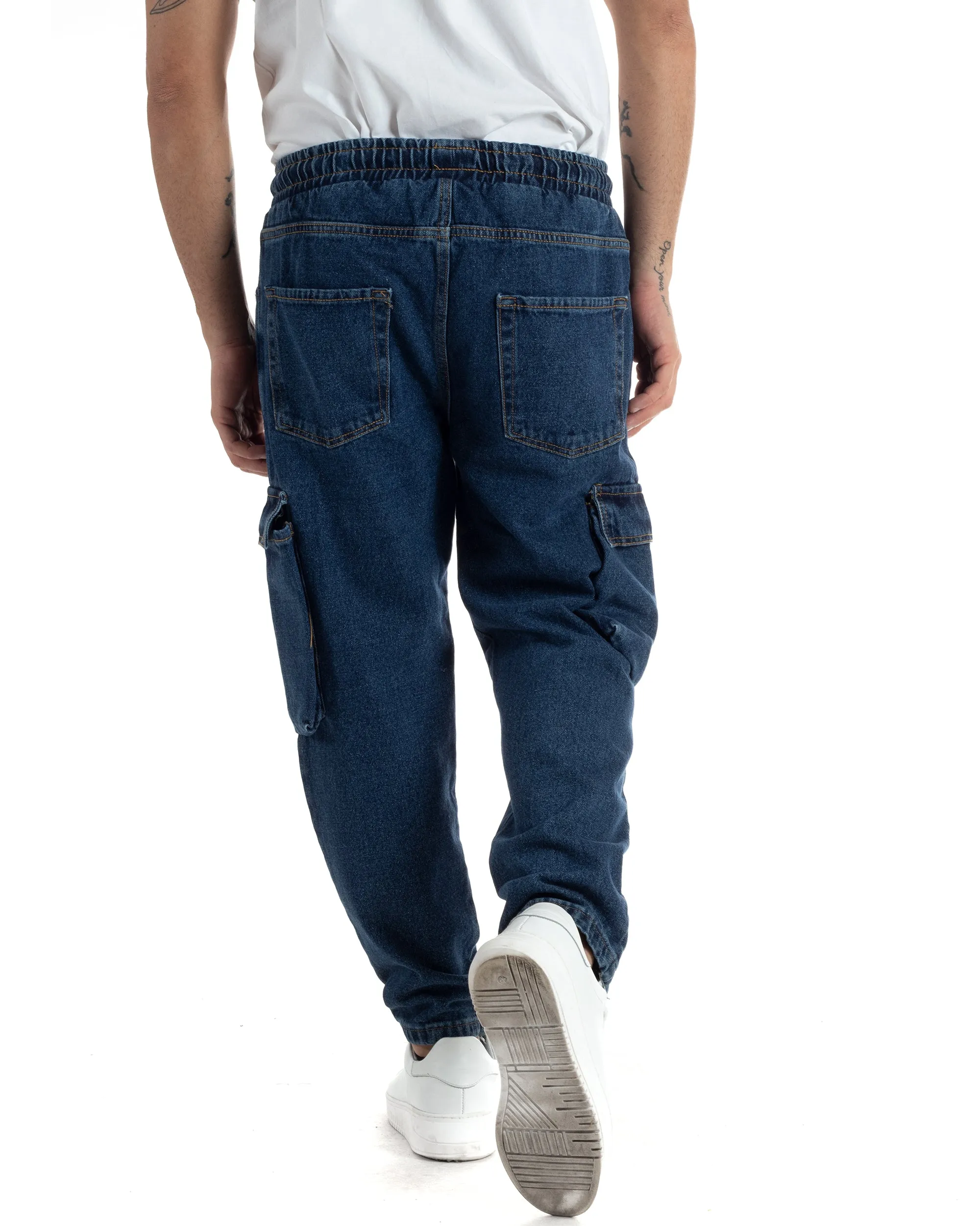 Pantaloni Uomo Pantalaccio Con Tasconi Jeans Cargo Coulisse Denim Scuro Loose Fit GIOSAL-JS1003A