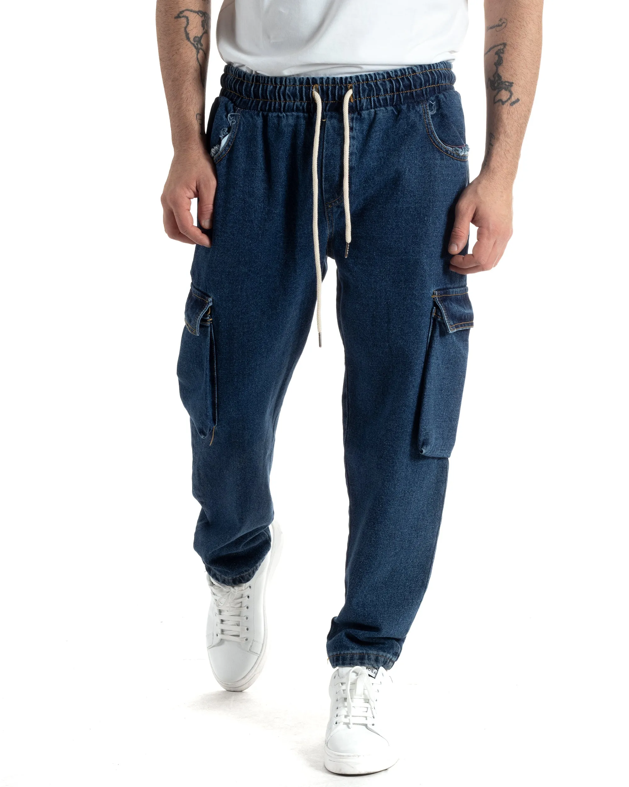 Pantaloni Uomo Pantalaccio Con Tasconi Jeans Cargo Coulisse Denim Scuro Loose Fit GIOSAL-JS1003A