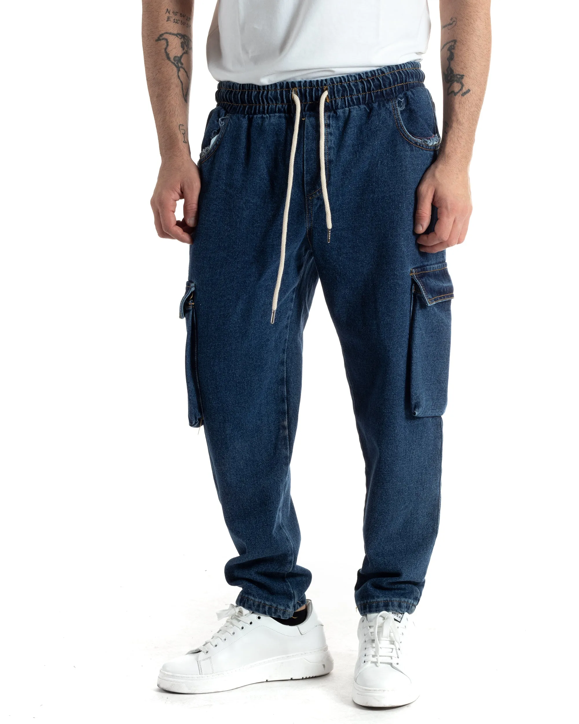 Pantaloni Uomo Pantalaccio Con Tasconi Jeans Cargo Coulisse Denim Scuro Loose Fit GIOSAL-JS1003A