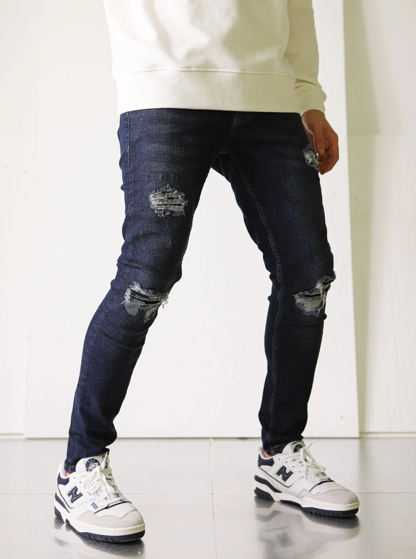 Premium Dark Blue Denim - Ripped & Repaired