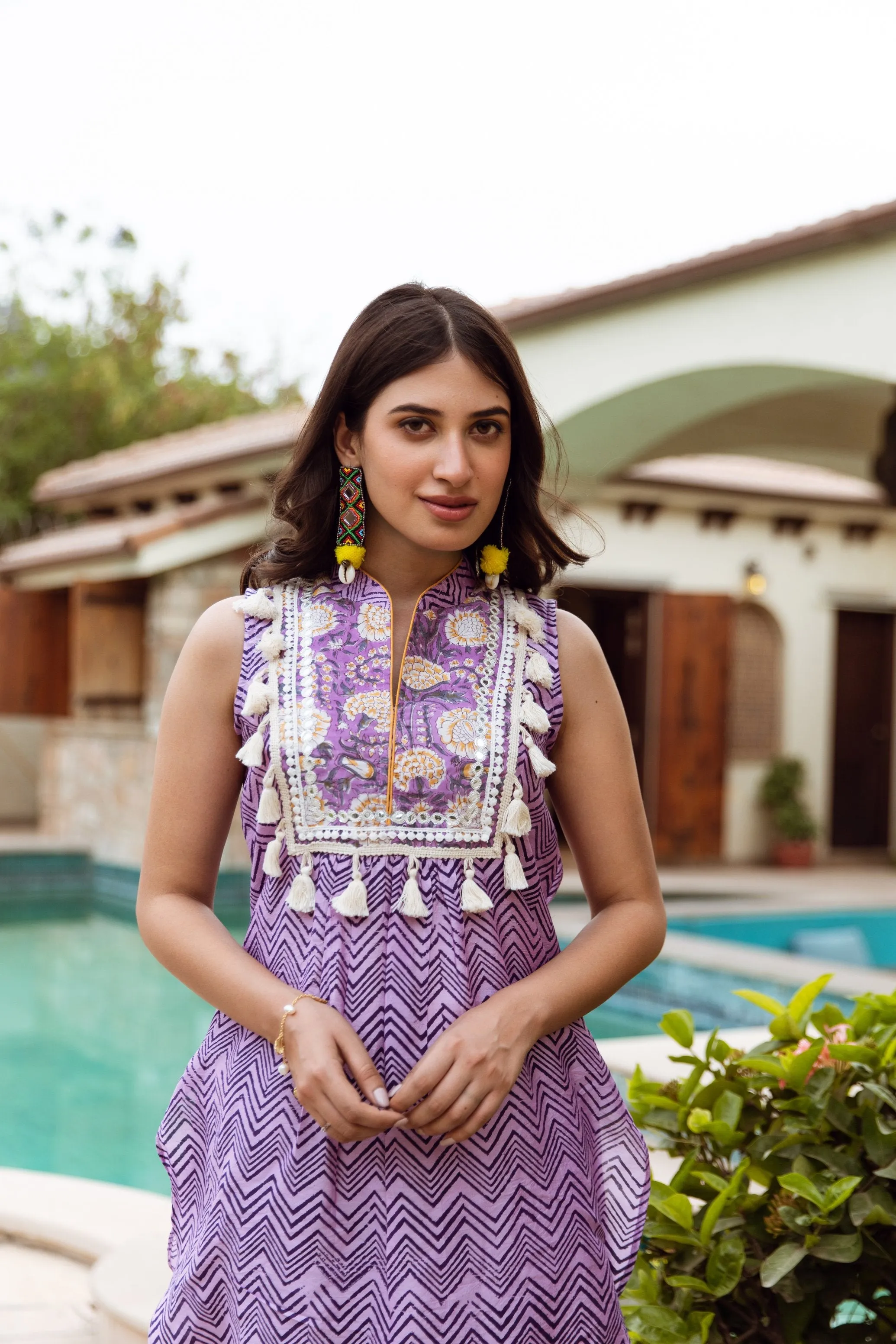 Purple Zigzag Handblock Print Chanderi co-ord Set