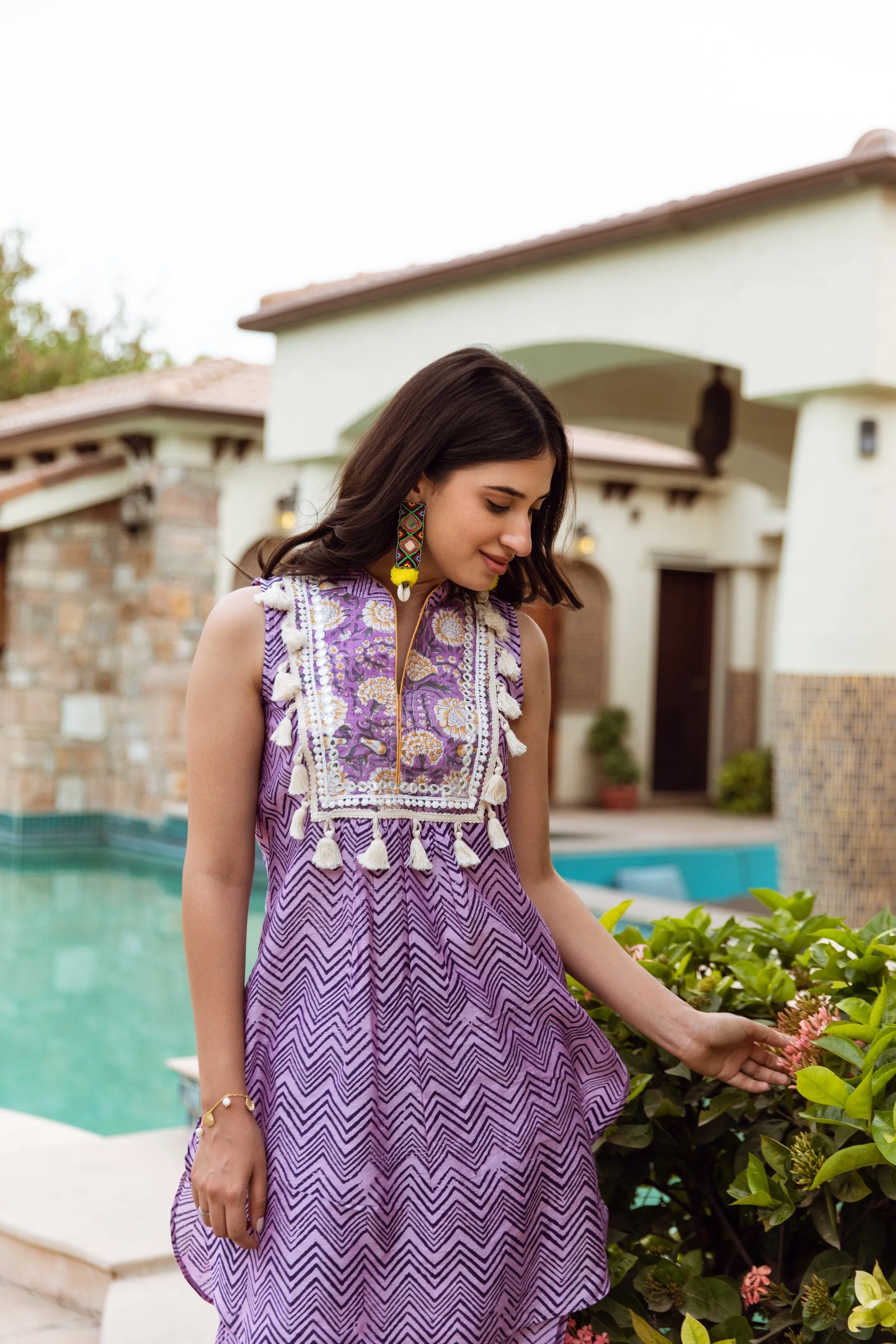 Purple Zigzag Handblock Print Chanderi co-ord Set