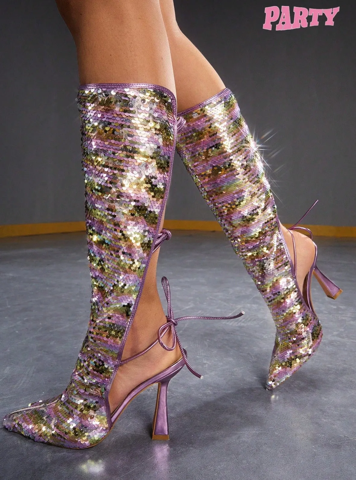 Sequin Point Toe Open Lace Heeled Boots