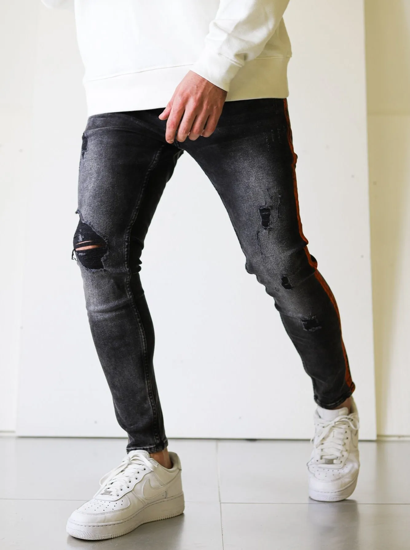 Side Stripe Black Ripped Denim